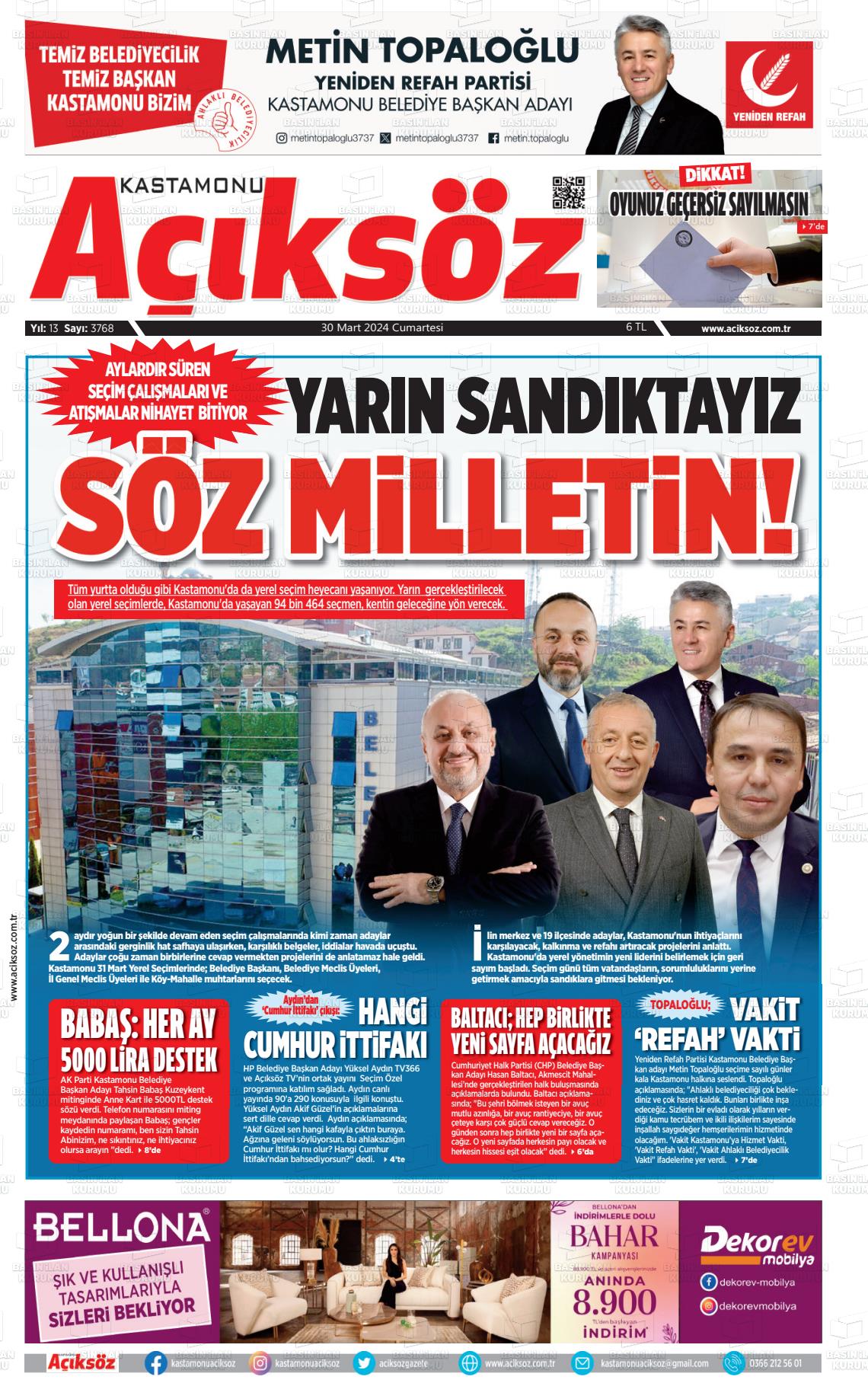 30 Mart 2024 KASTAMONU AÇIKSÖZ GAZETESİ Gazete Manşeti