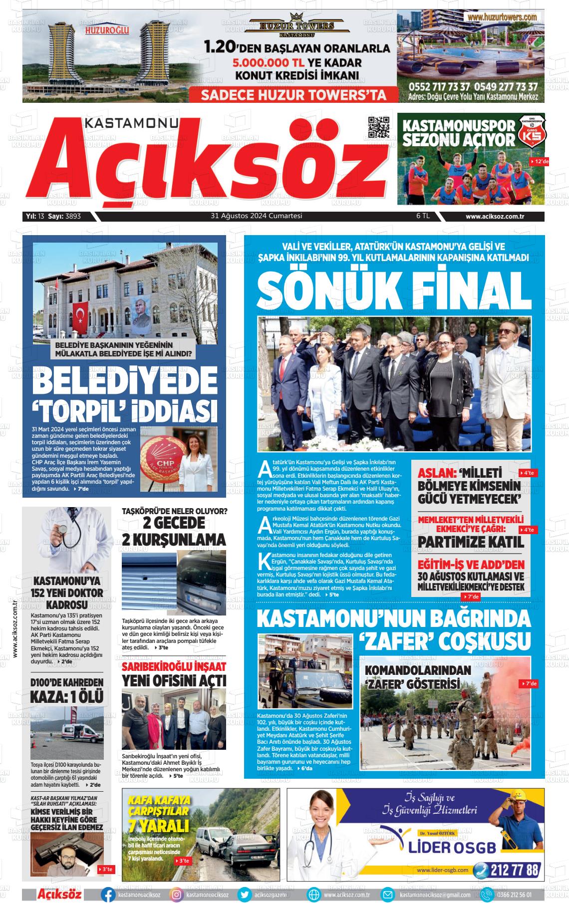 31 Ağustos 2024 KASTAMONU AÇIKSÖZ GAZETESİ Gazete Manşeti