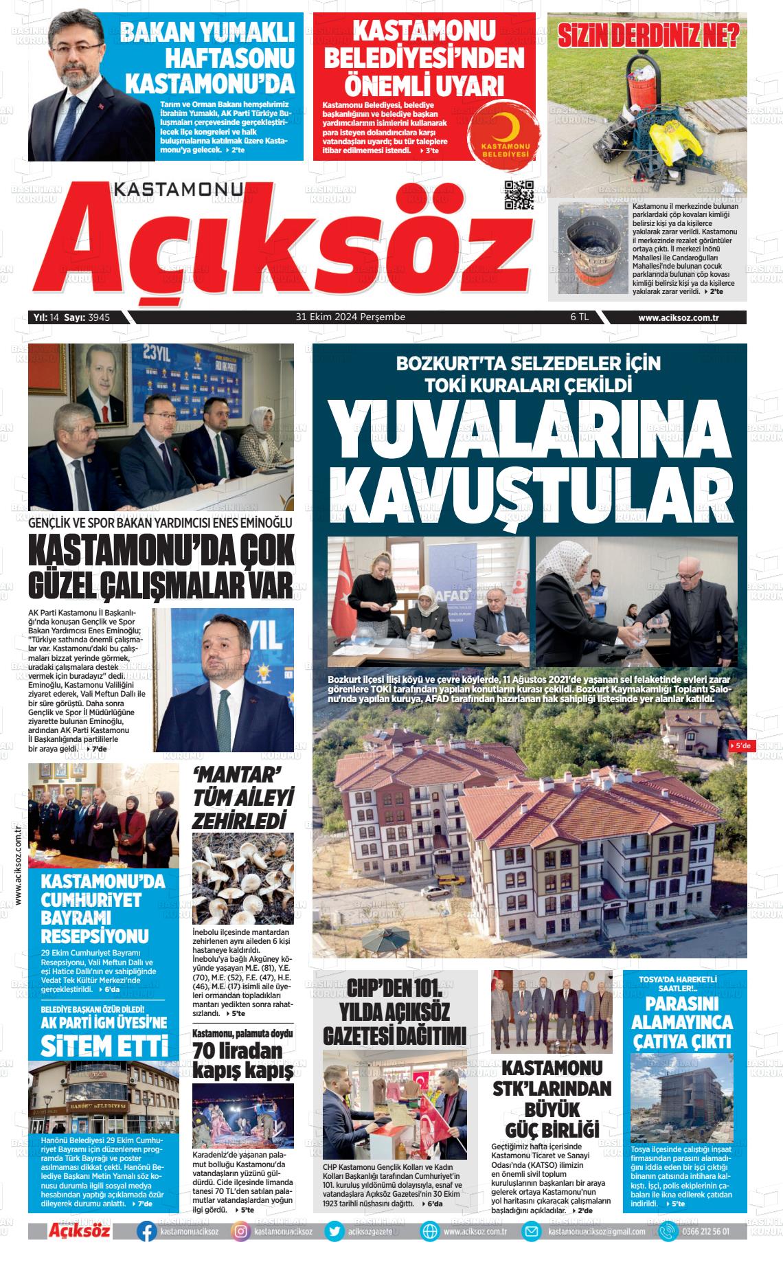 31 Ekim 2024 KASTAMONU AÇIKSÖZ GAZETESİ Gazete Manşeti