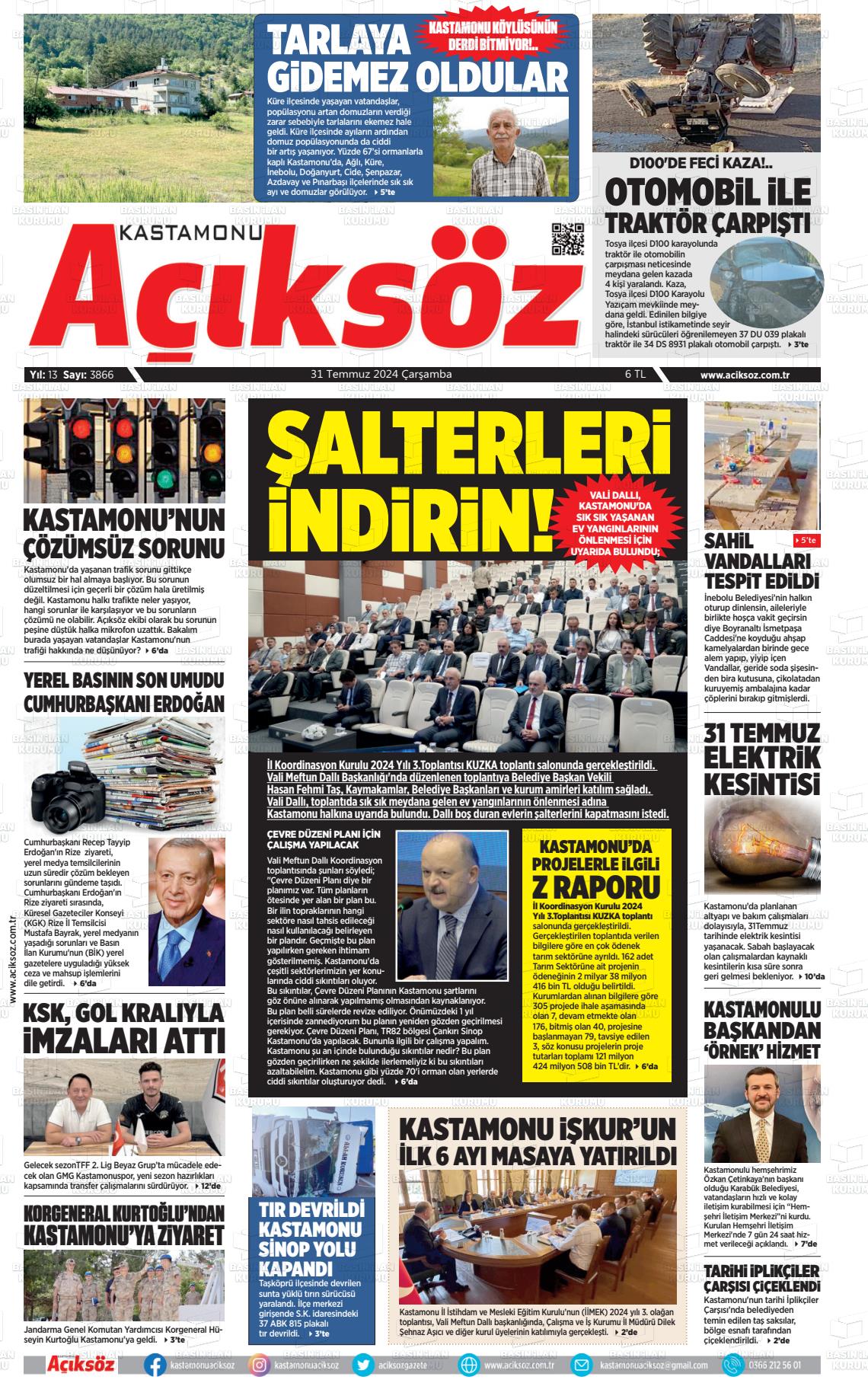 31 Temmuz 2024 KASTAMONU AÇIKSÖZ GAZETESİ Gazete Manşeti