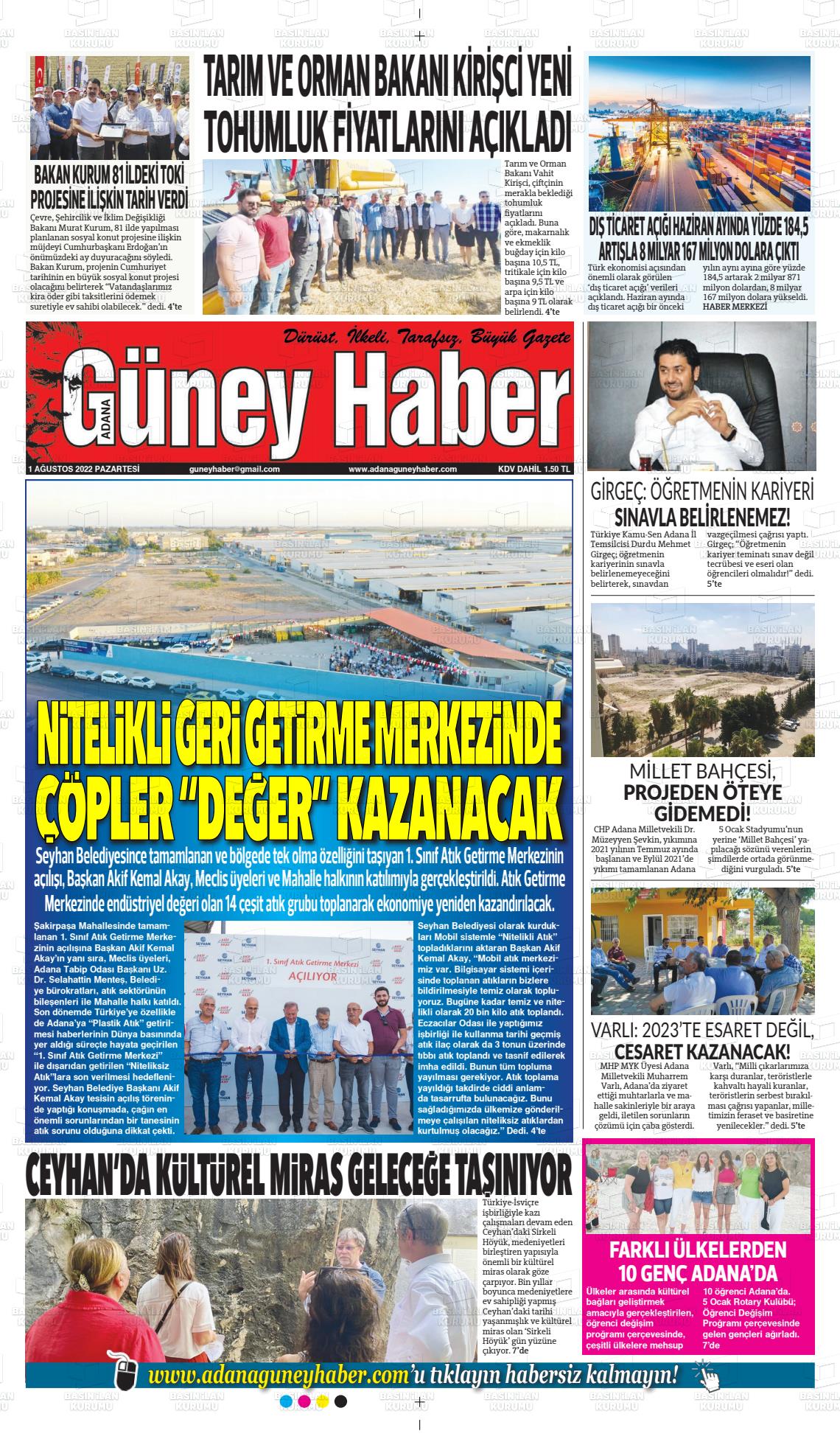 01 Ağustos 2022 Adana Güney Haber Gazete Manşeti