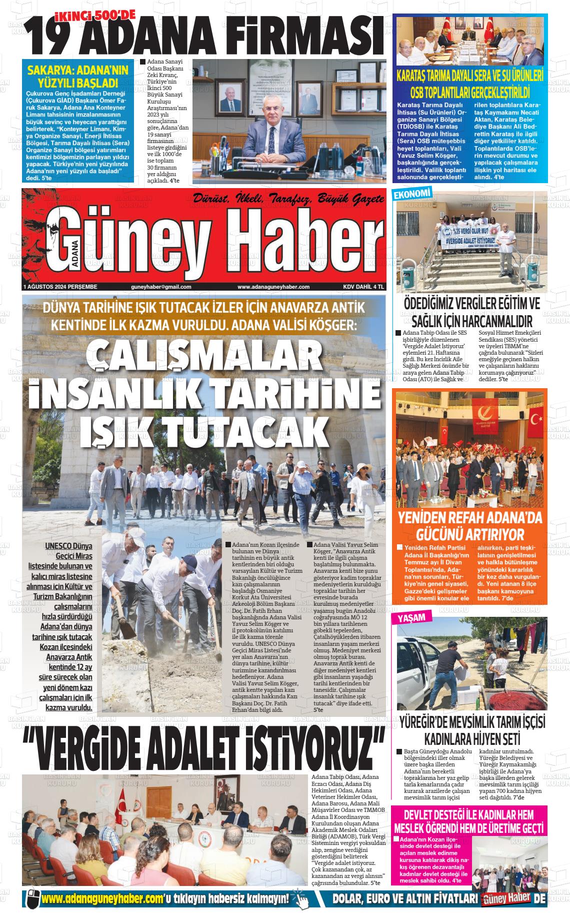 01 Ağustos 2024 Adana Güney Haber Gazete Manşeti