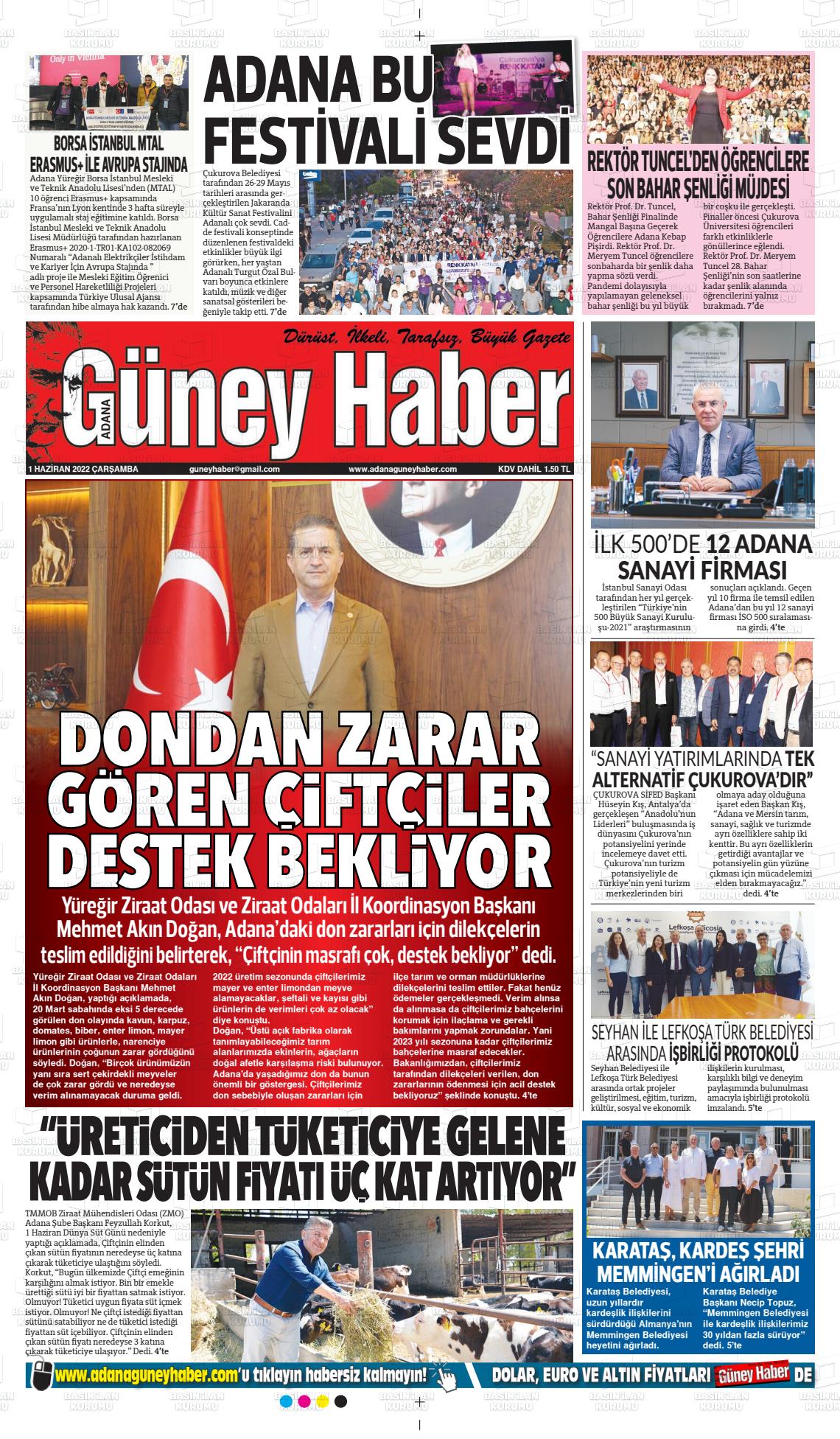 01 Haziran 2022 Adana Güney Haber Gazete Manşeti