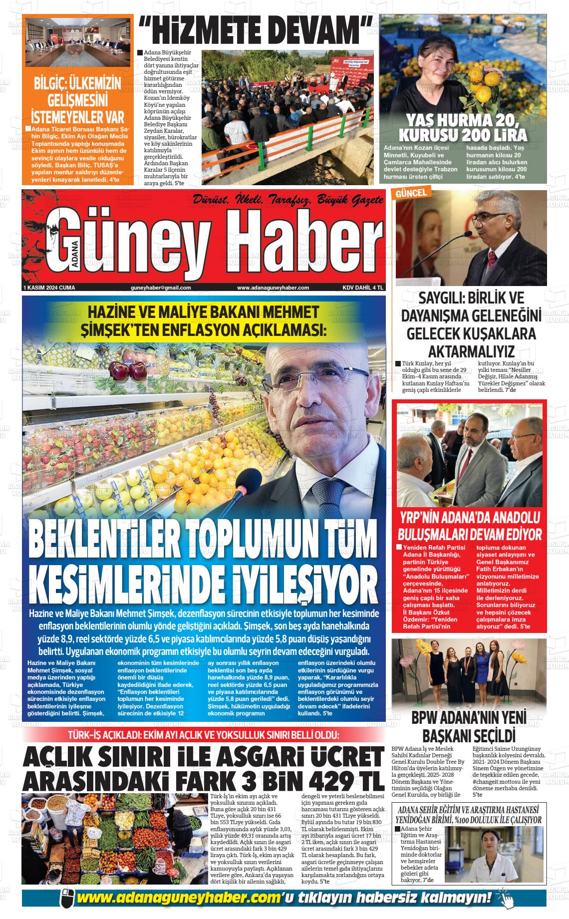 01 Kasım 2024 Adana Güney Haber Gazete Manşeti