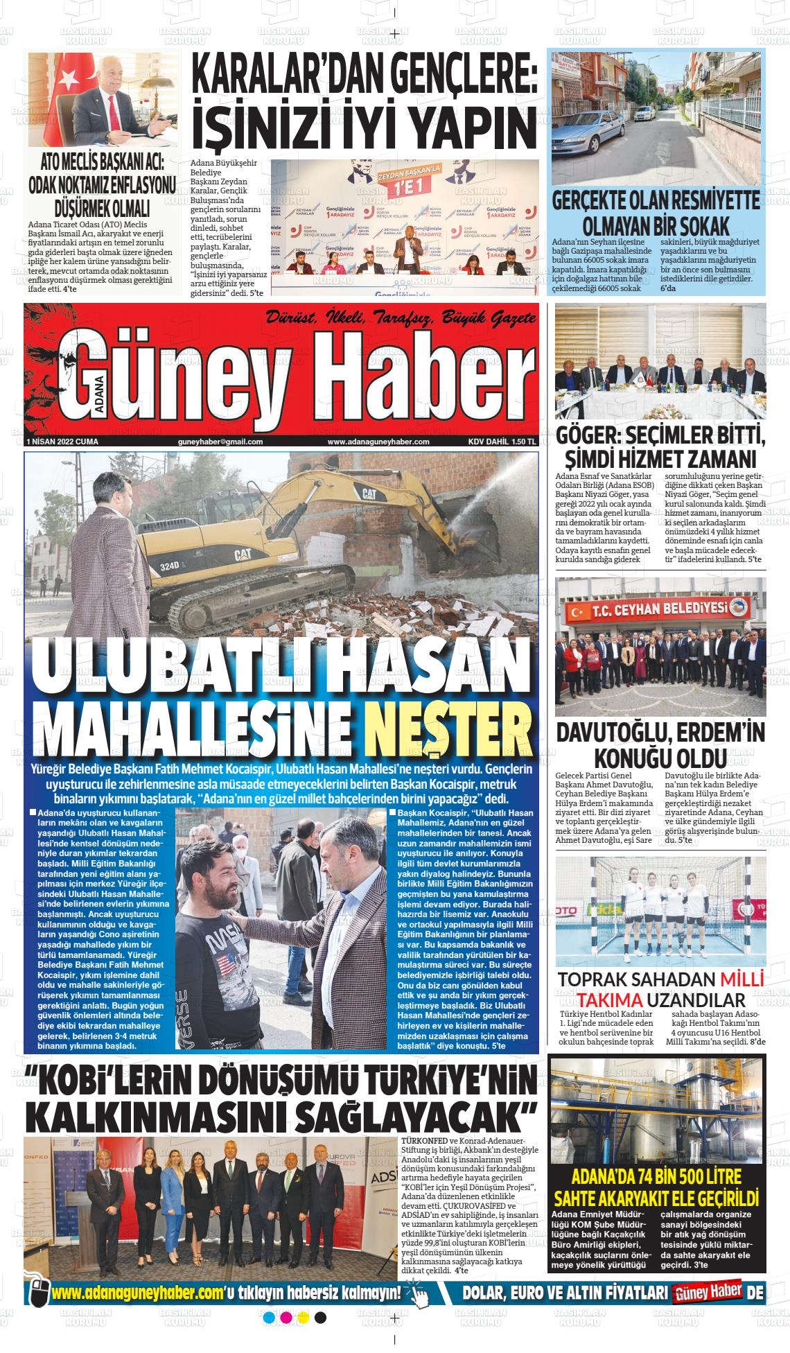 01 Nisan 2022 Adana Güney Haber Gazete Manşeti