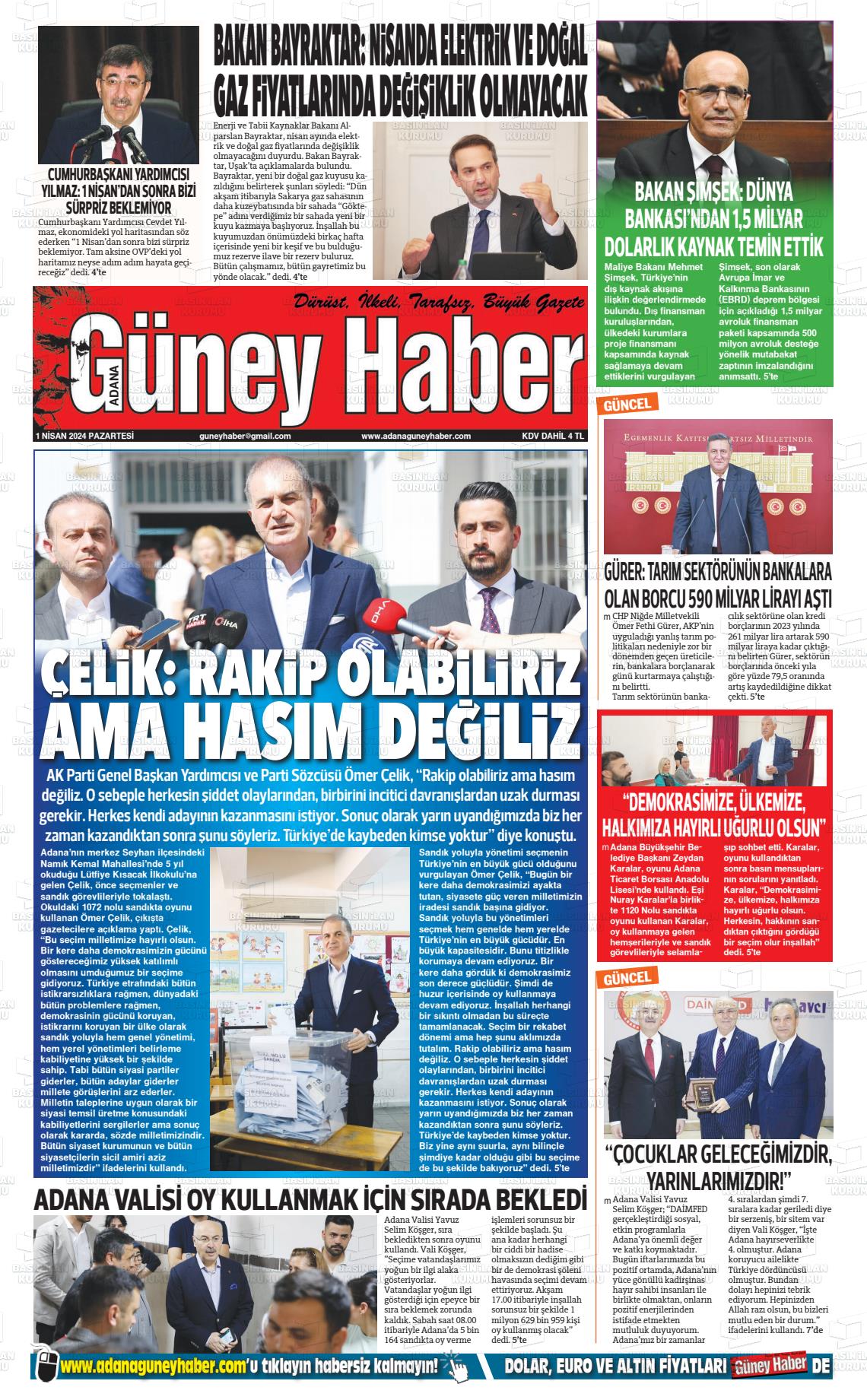 01 Nisan 2024 Adana Güney Haber Gazete Manşeti