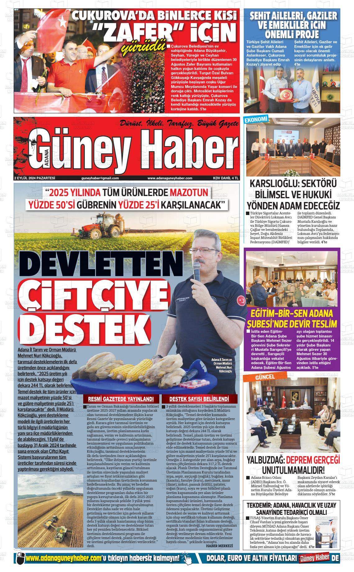 02 Eylül 2024 Adana Güney Haber Gazete Manşeti