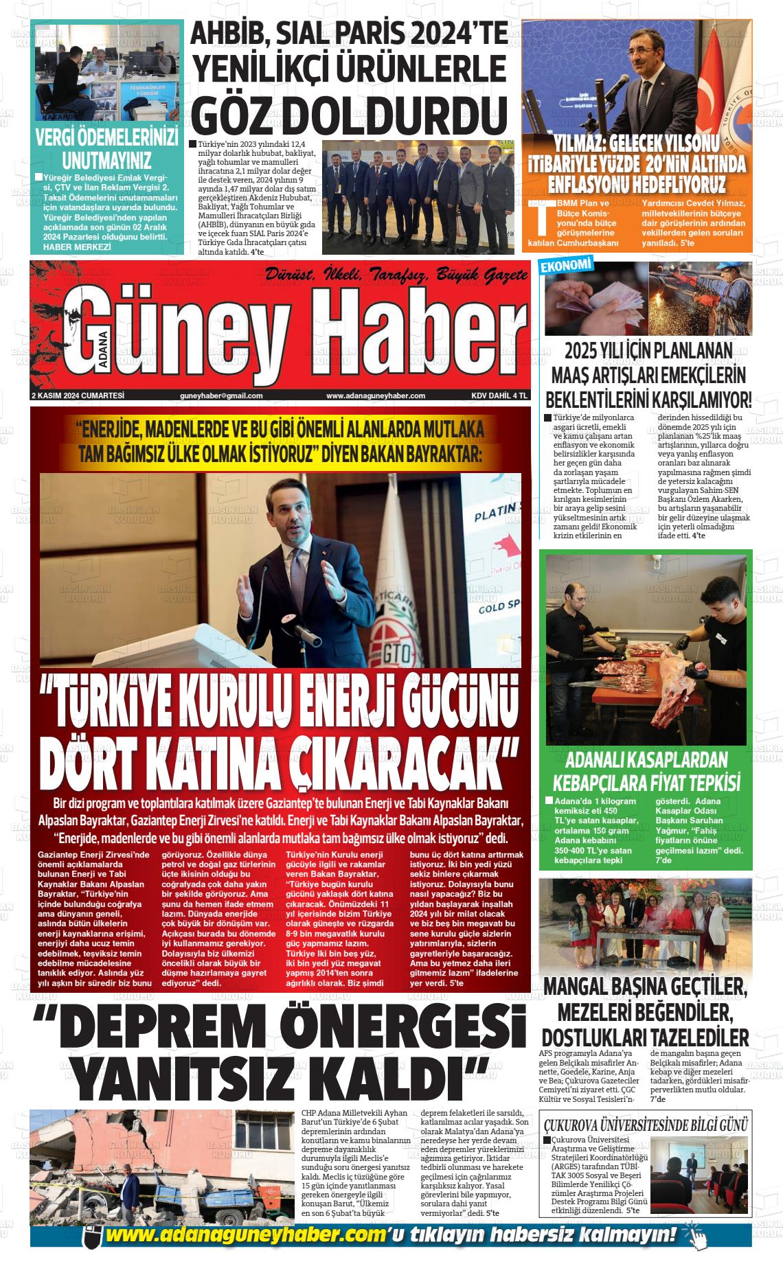 02 Kasım 2024 Adana Güney Haber Gazete Manşeti