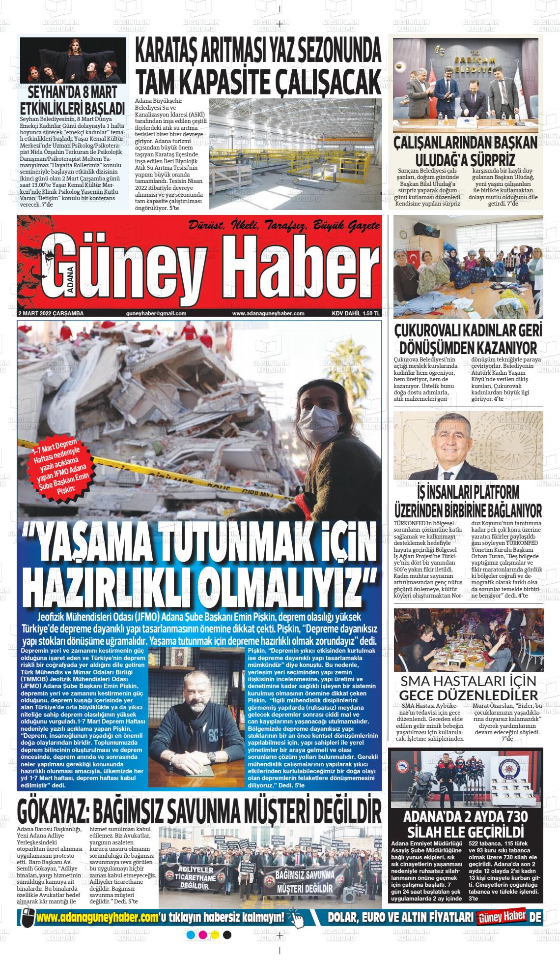 02 Mart 2022 Adana Güney Haber Gazete Manşeti