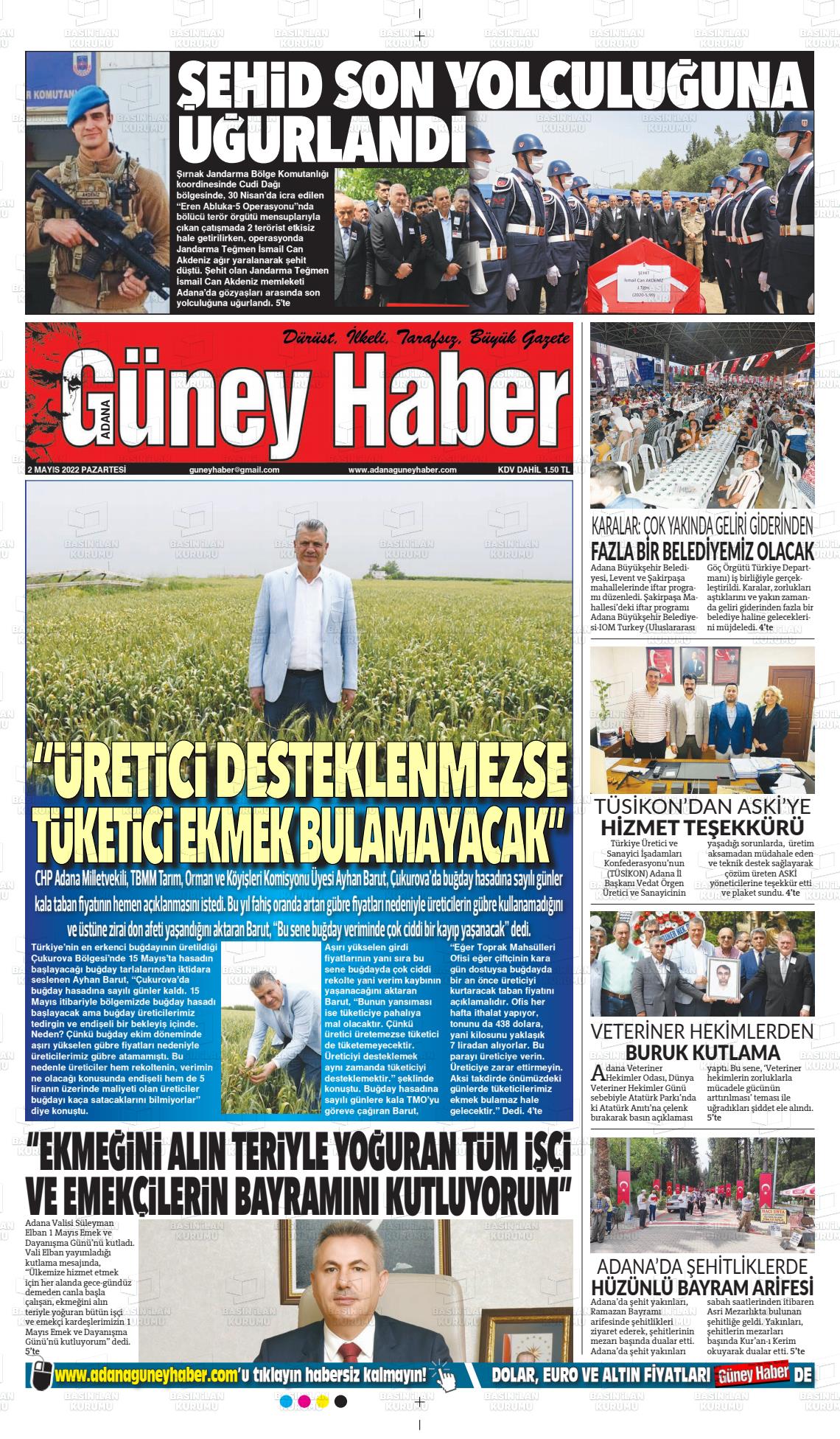 02 Mayıs 2022 Adana Güney Haber Gazete Manşeti