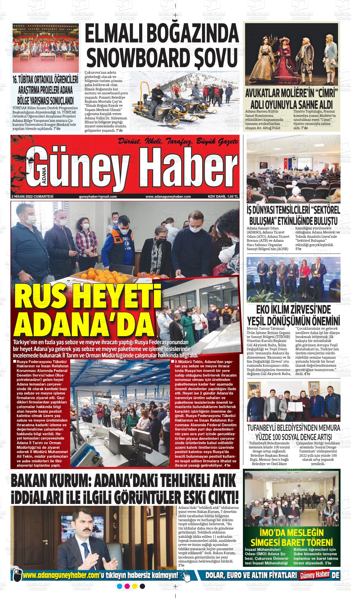 02 Nisan 2022 Adana Güney Haber Gazete Manşeti