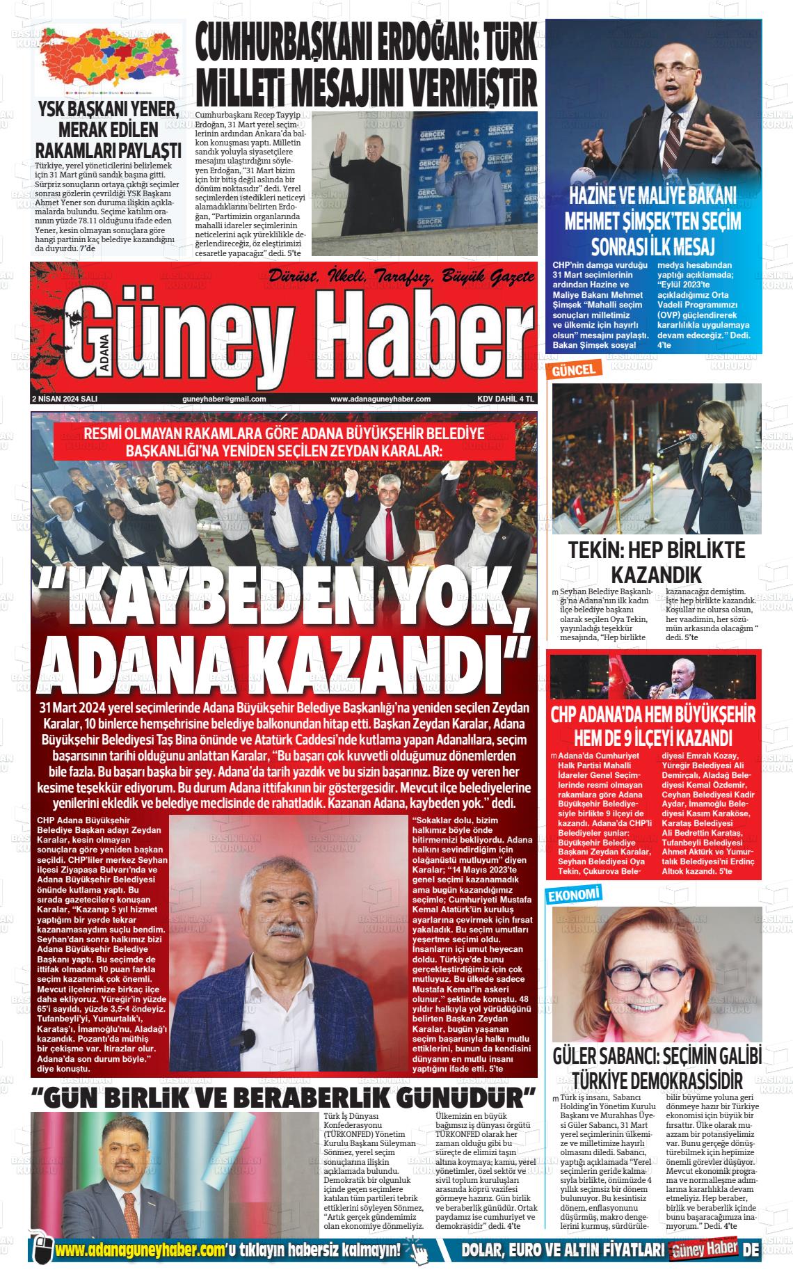 02 Nisan 2024 Adana Güney Haber Gazete Manşeti