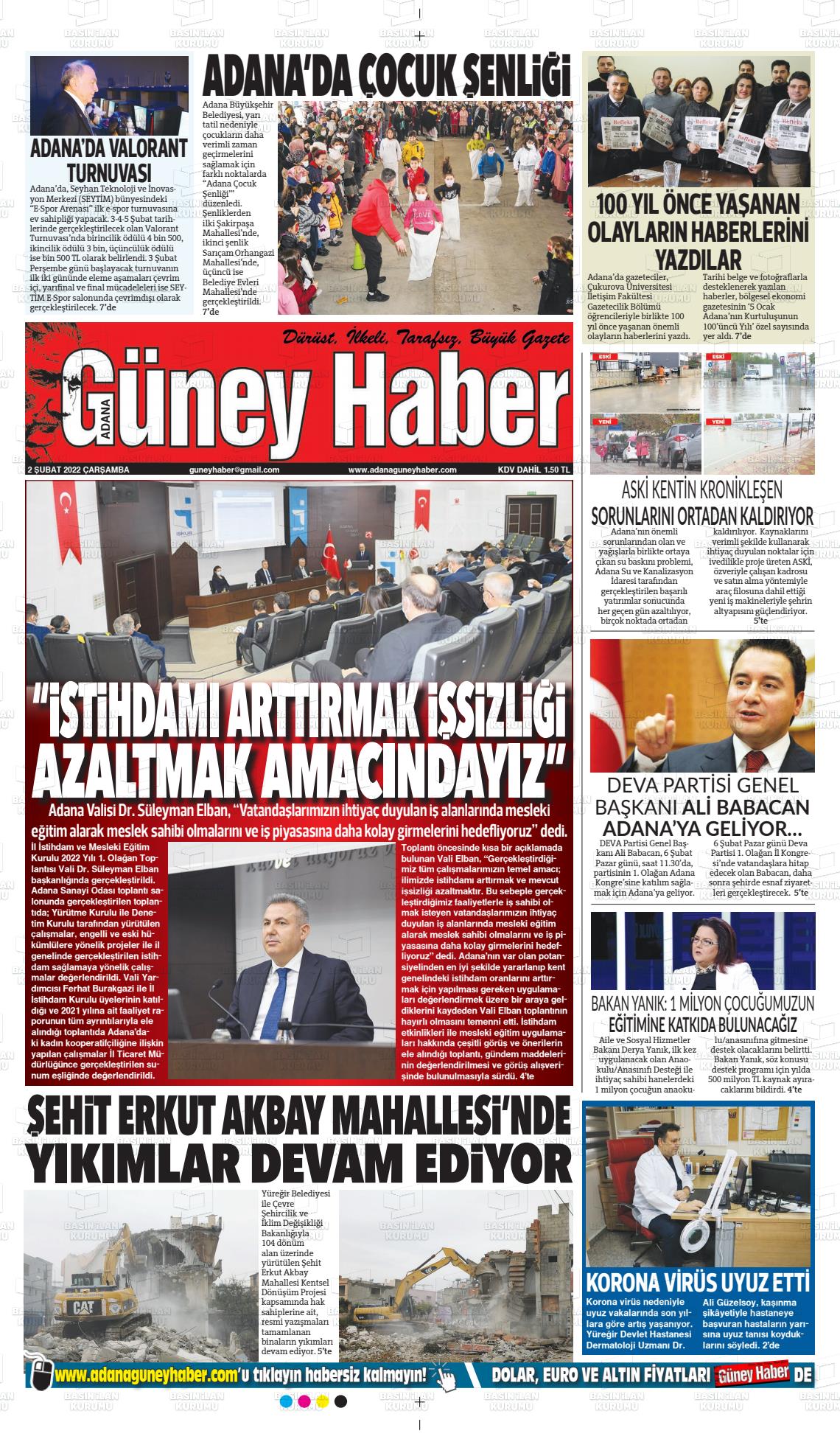 02 Şubat 2022 Adana Güney Haber Gazete Manşeti