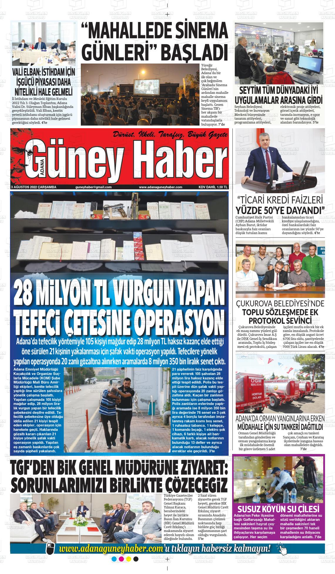 03 Ağustos 2022 Adana Güney Haber Gazete Manşeti