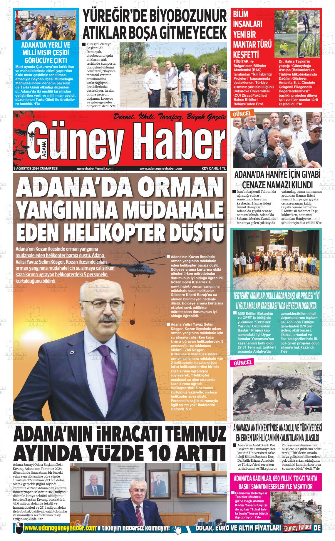 03 Ağustos 2024 Adana Güney Haber Gazete Manşeti