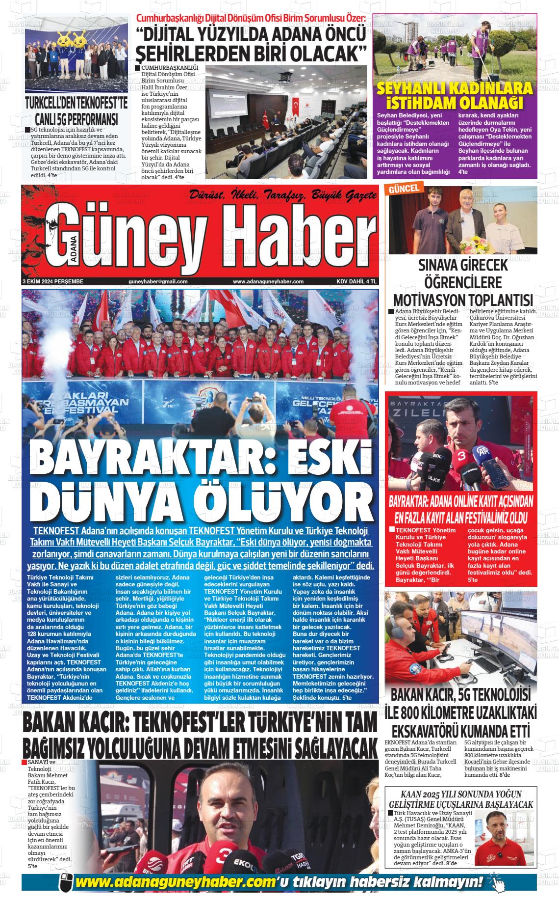 03 Ekim 2024 Adana Güney Haber Gazete Manşeti