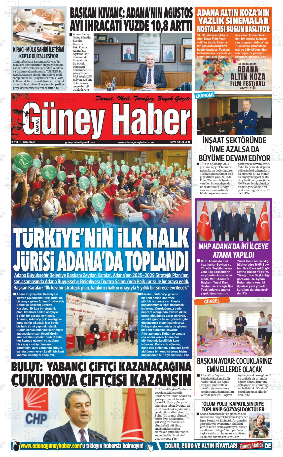 03 Eylül 2024 Adana Güney Haber Gazete Manşeti