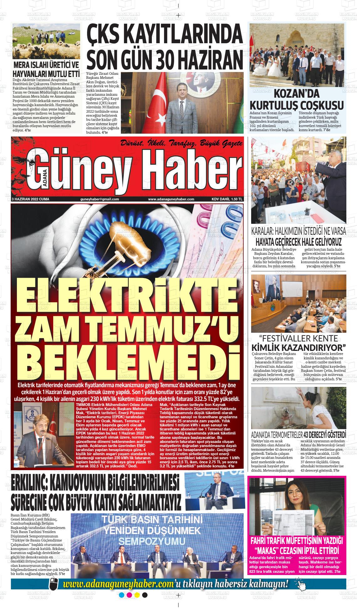 03 Haziran 2022 Adana Güney Haber Gazete Manşeti