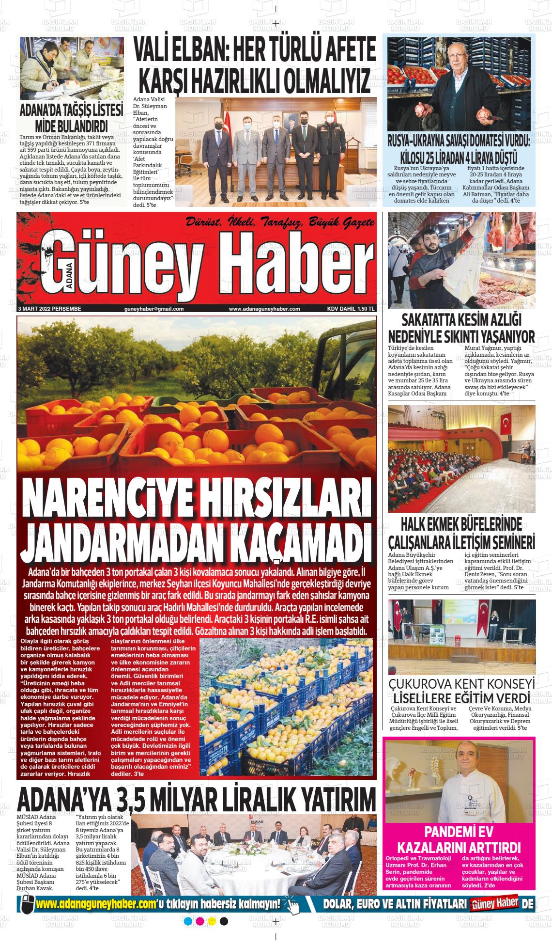 03 Mart 2022 Adana Güney Haber Gazete Manşeti