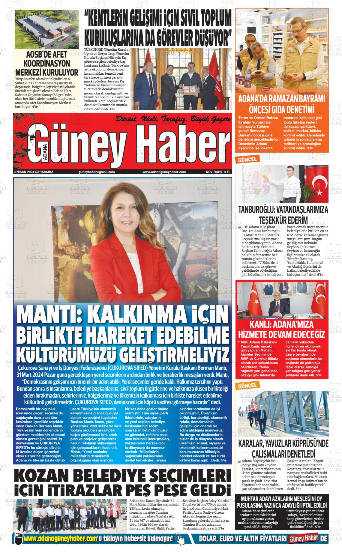 03 Nisan 2024 Adana Güney Haber Gazete Manşeti