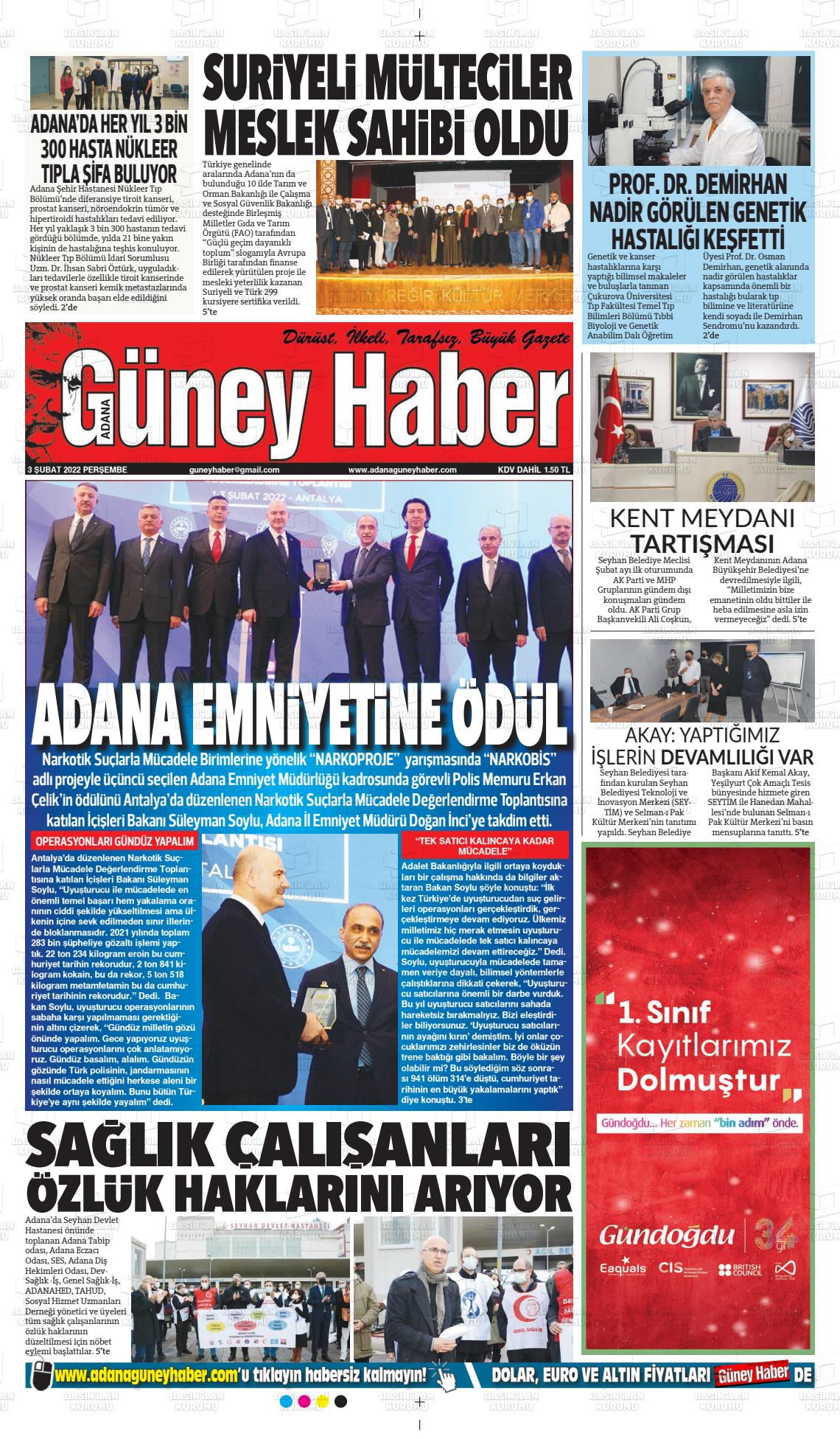 03 Şubat 2022 Adana Güney Haber Gazete Manşeti