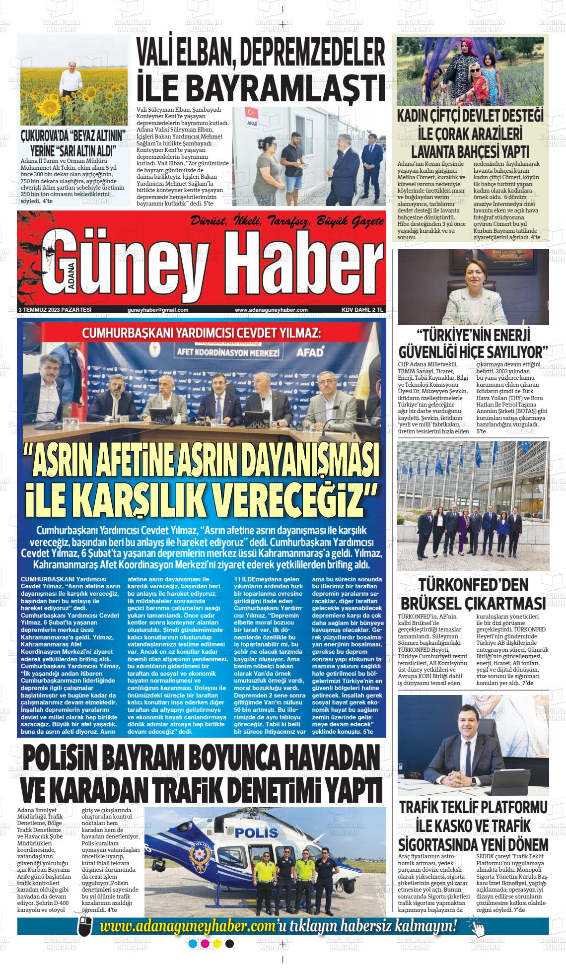 03 Temmuz 2023 Adana Güney Haber Gazete Manşeti