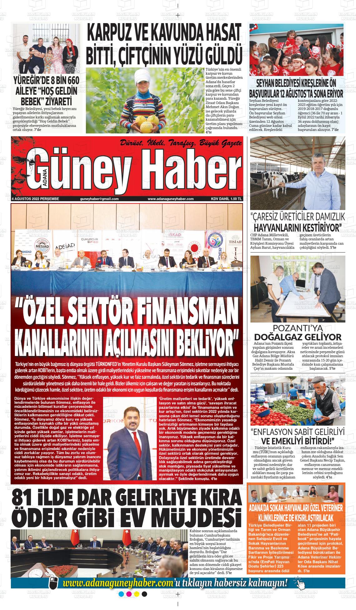 04 Ağustos 2022 Adana Güney Haber Gazete Manşeti