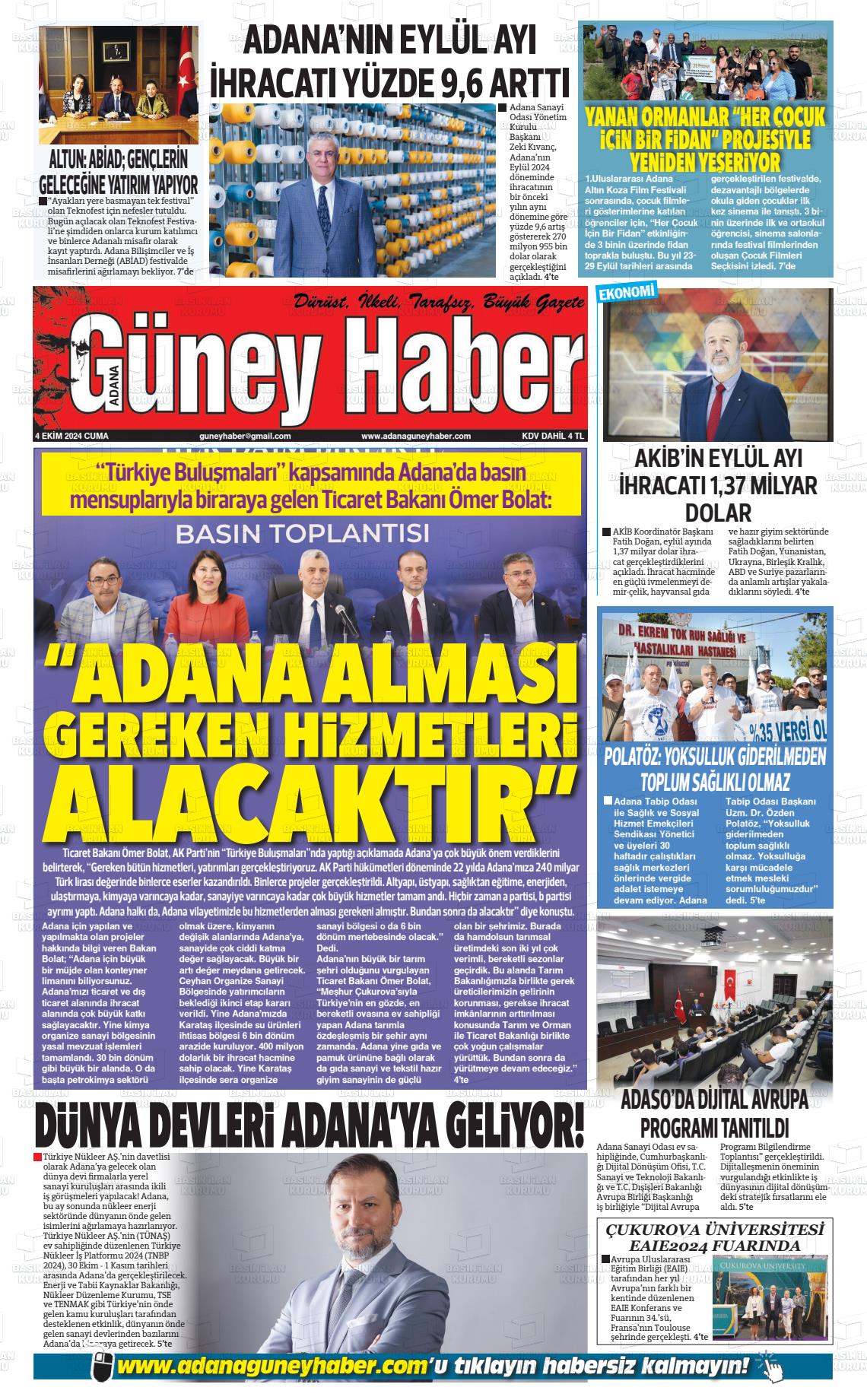 04 Ekim 2024 Adana Güney Haber Gazete Manşeti