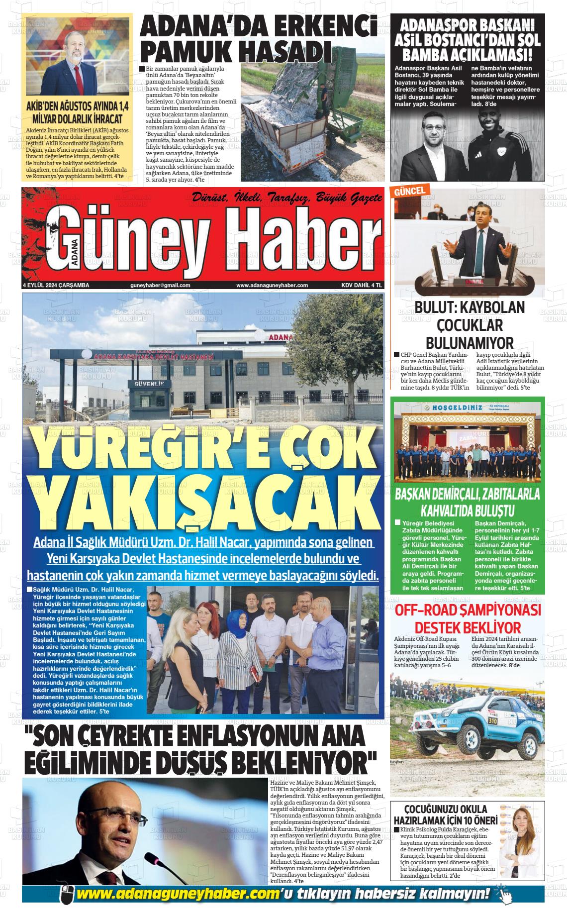 04 Eylül 2024 Adana Güney Haber Gazete Manşeti