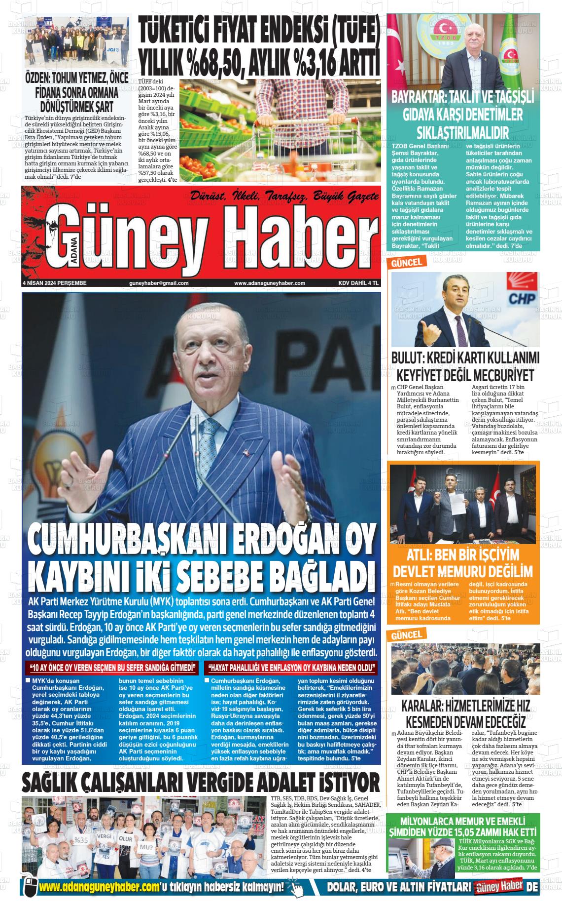 04 Nisan 2024 Adana Güney Haber Gazete Manşeti