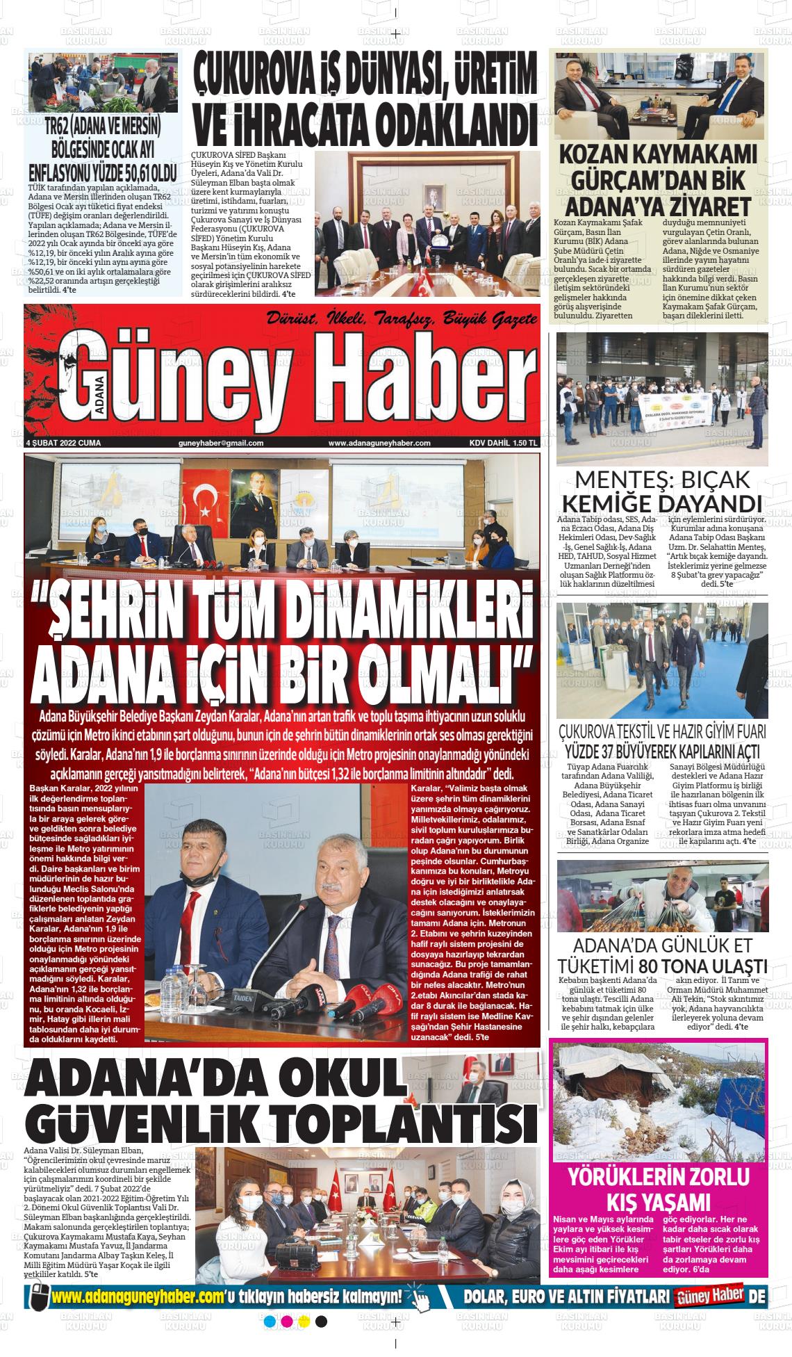 04 Şubat 2022 Adana Güney Haber Gazete Manşeti