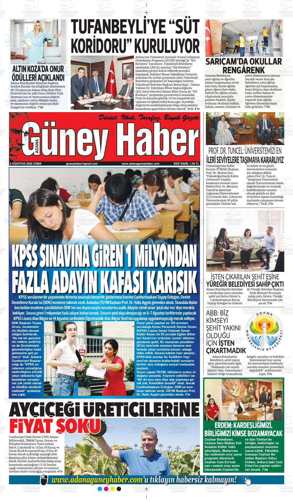 05 Ağustos 2022 Adana Güney Haber Gazete Manşeti