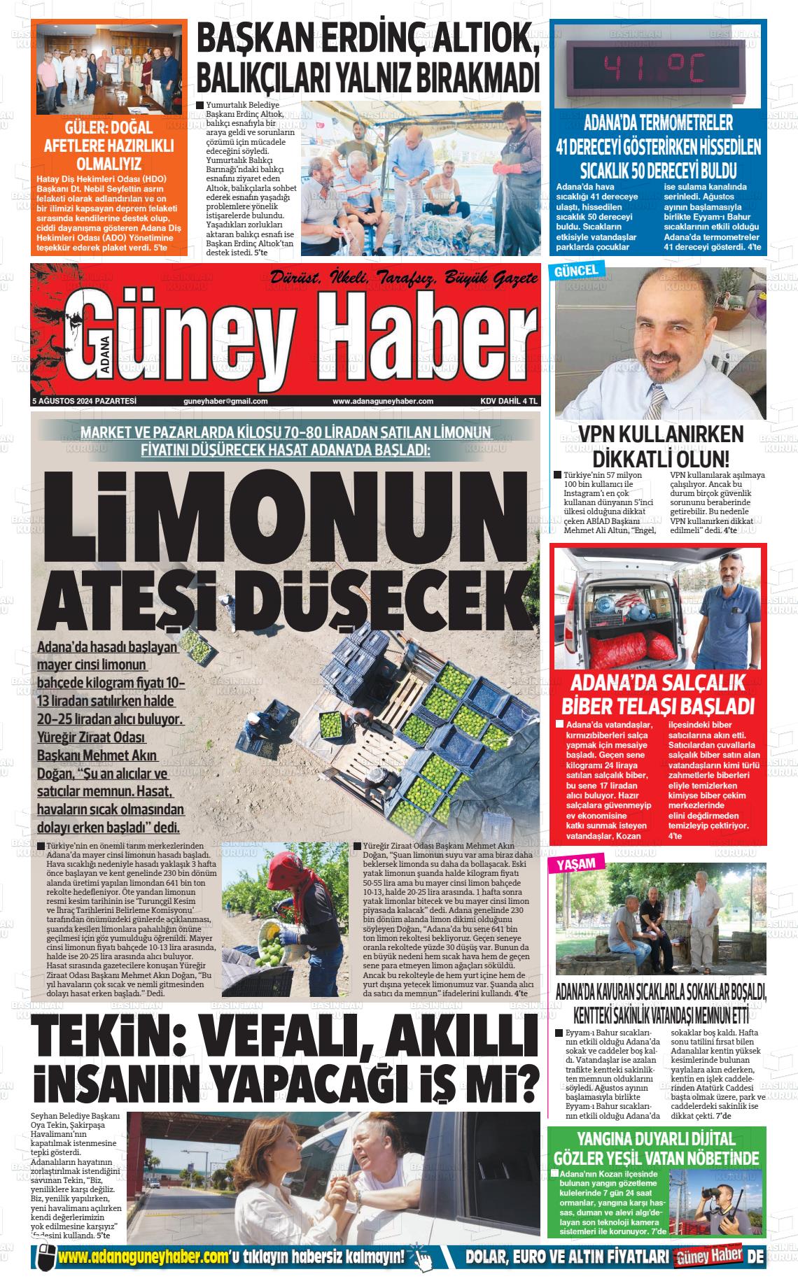 05 Ağustos 2024 Adana Güney Haber Gazete Manşeti