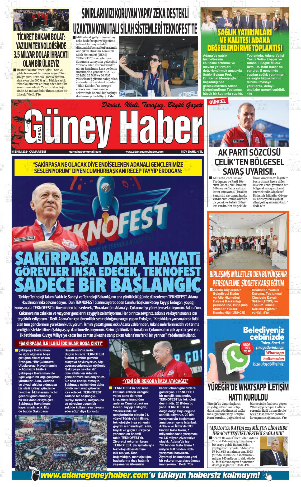 05 Ekim 2024 Adana Güney Haber Gazete Manşeti