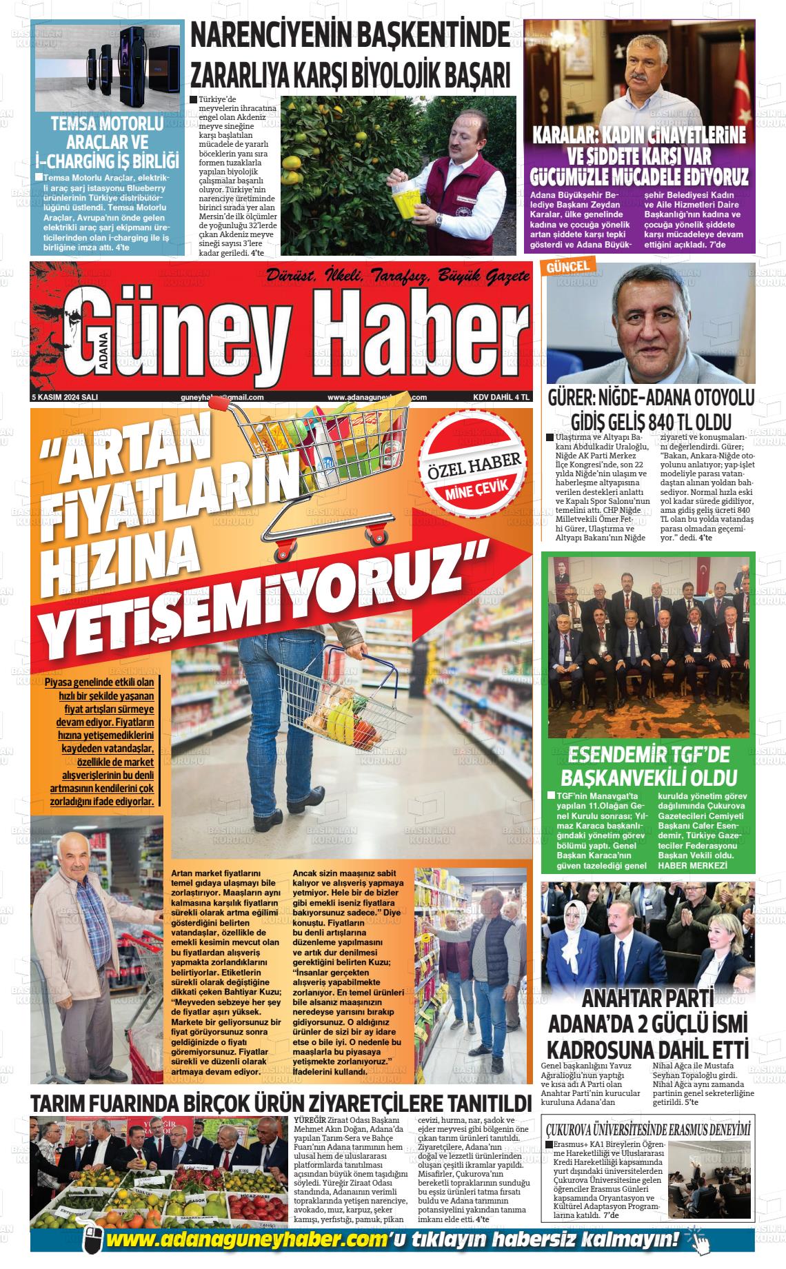 05 Kasım 2024 Adana Güney Haber Gazete Manşeti