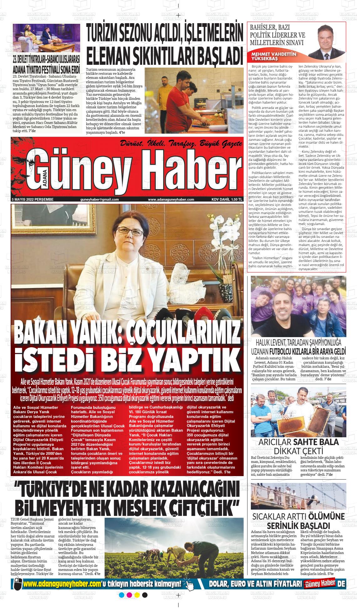 05 Mayıs 2022 Adana Güney Haber Gazete Manşeti