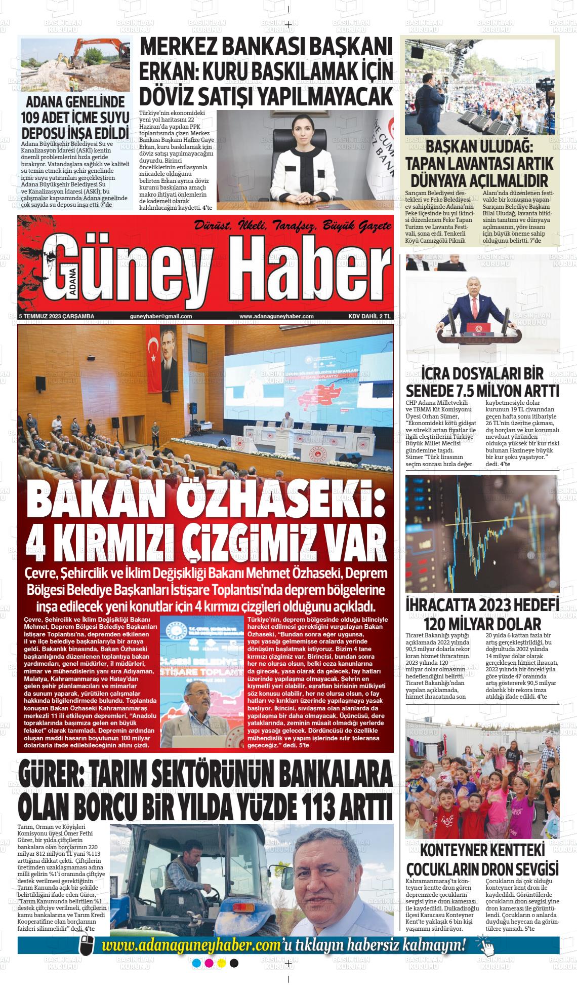 05 Temmuz 2023 Adana Güney Haber Gazete Manşeti