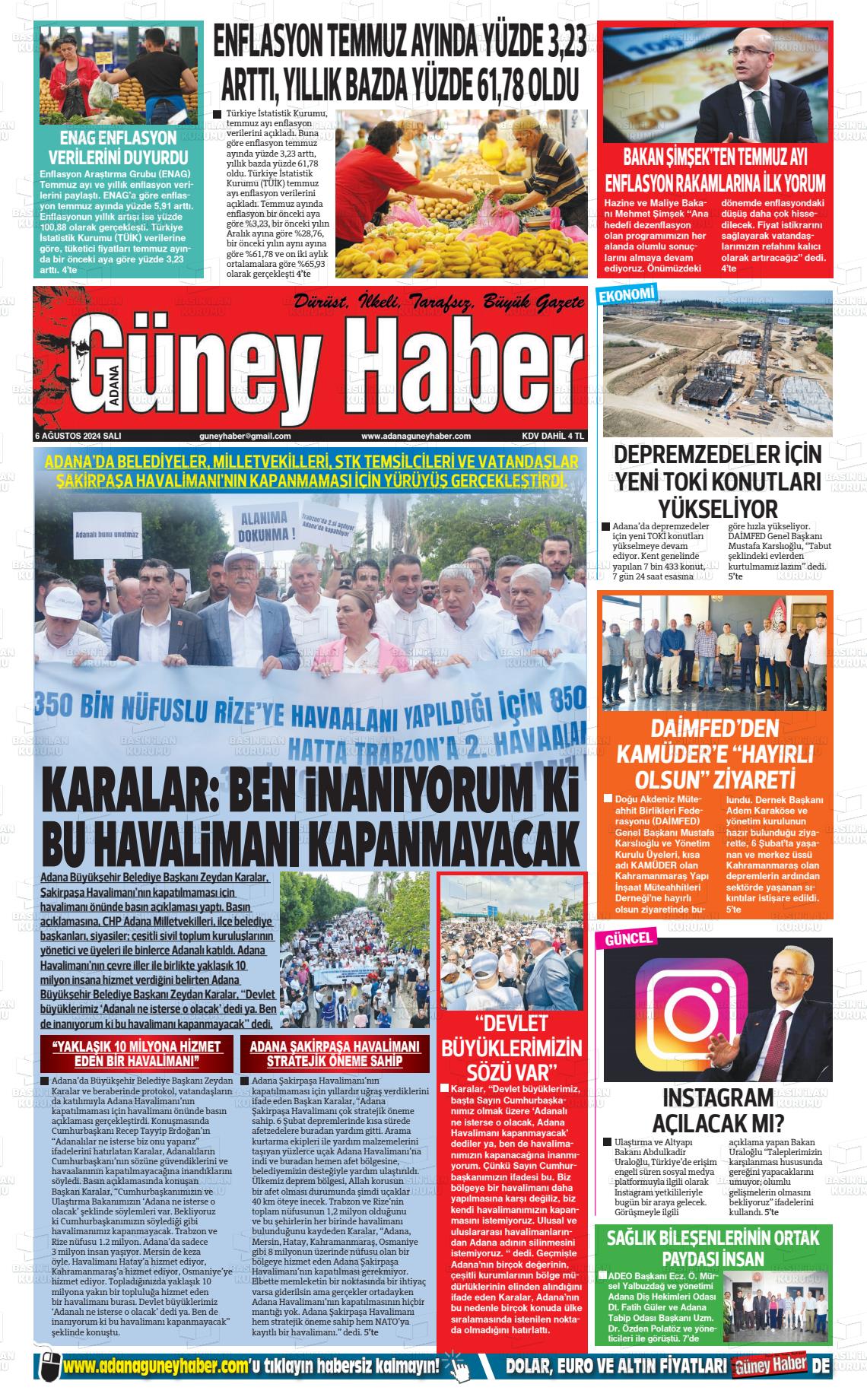 06 Ağustos 2024 Adana Güney Haber Gazete Manşeti