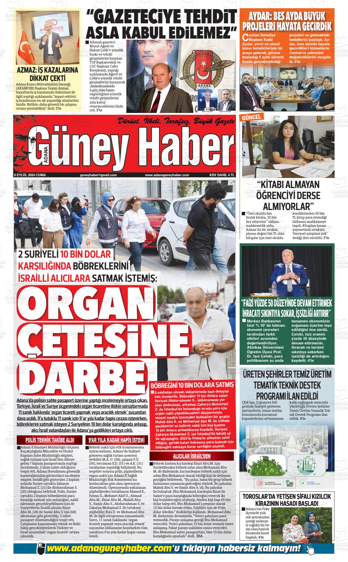 06 Eylül 2024 Adana Güney Haber Gazete Manşeti