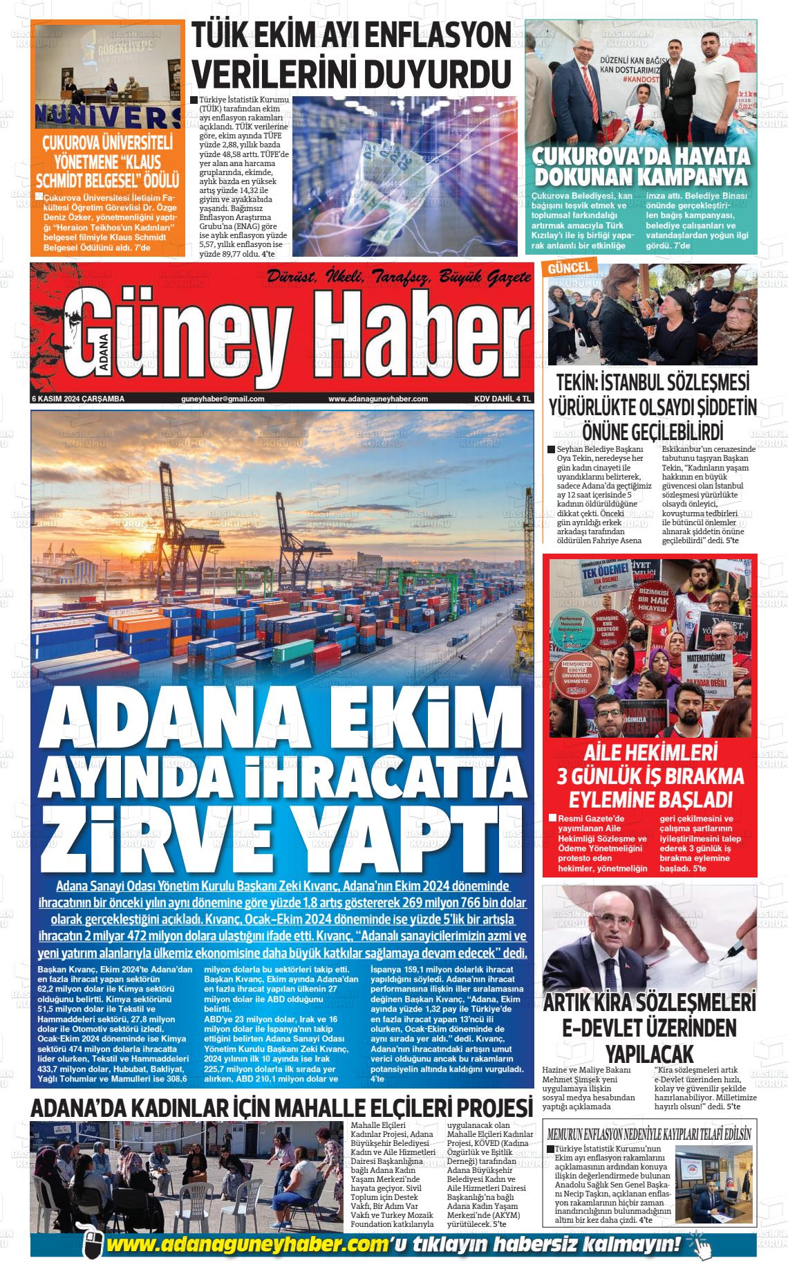 06 Kasım 2024 Adana Güney Haber Gazete Manşeti