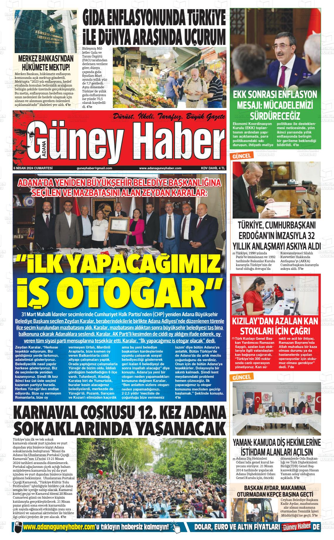 06 Nisan 2024 Adana Güney Haber Gazete Manşeti