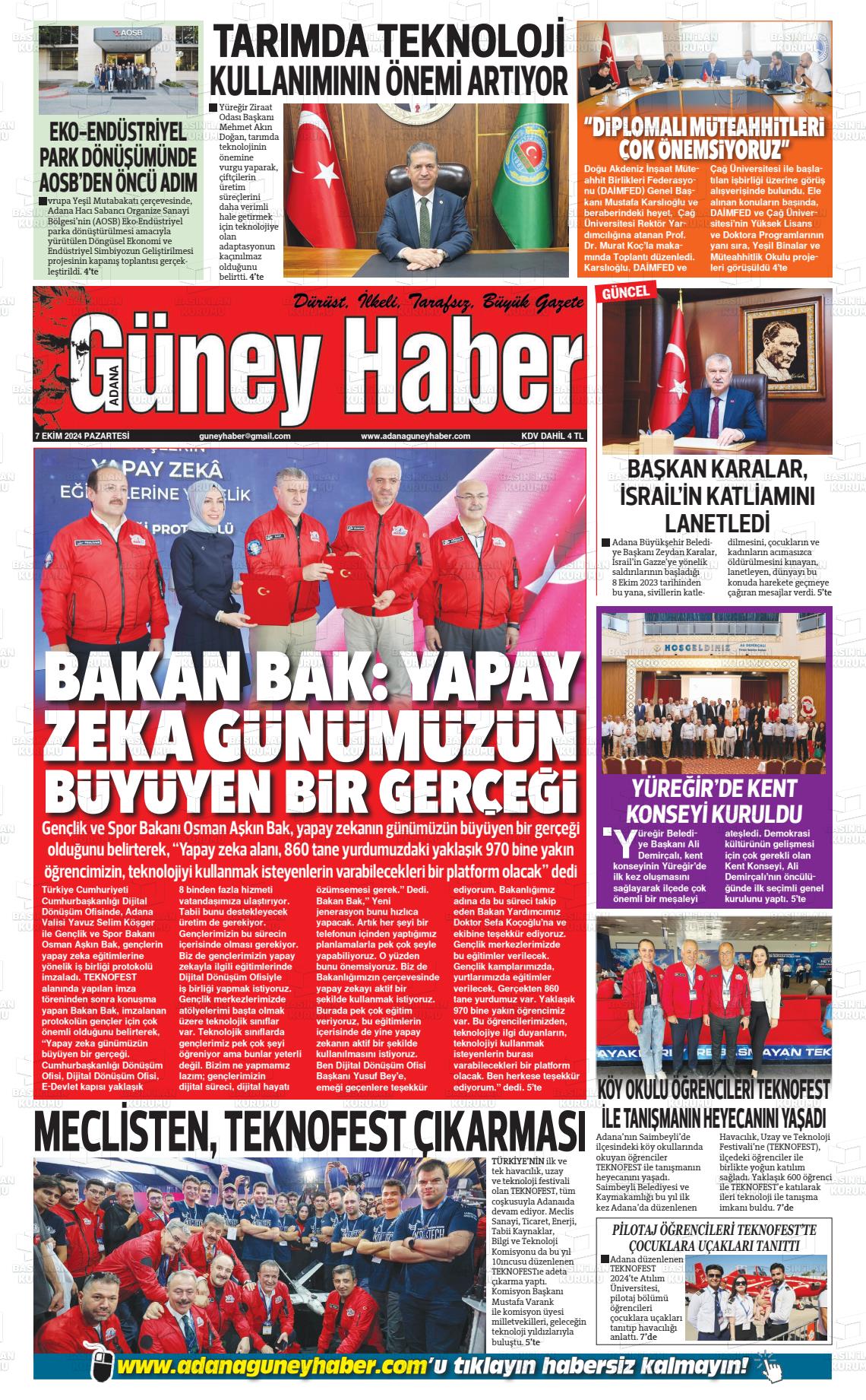 07 Ekim 2024 Adana Güney Haber Gazete Manşeti