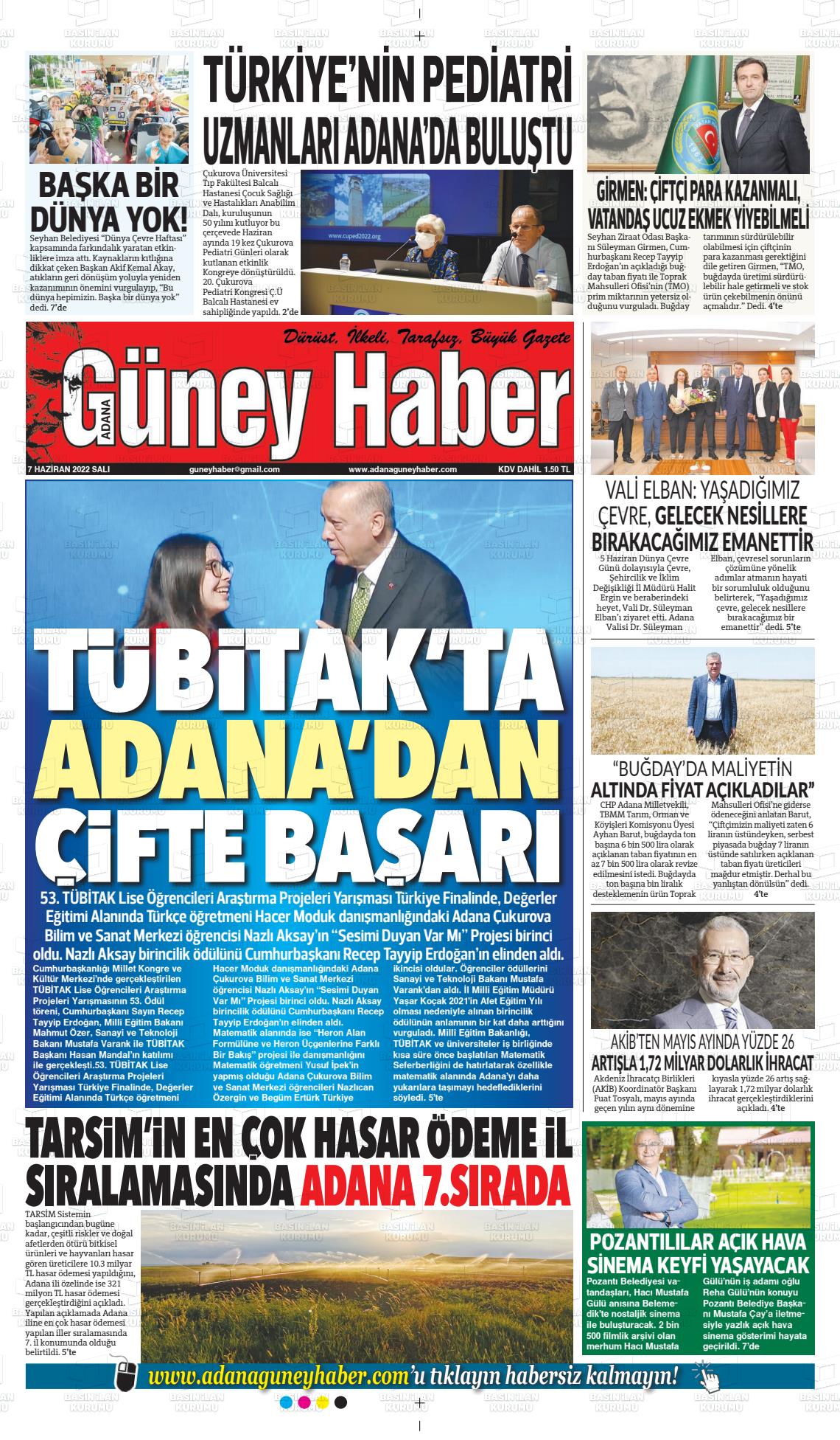 07 Haziran 2022 Adana Güney Haber Gazete Manşeti