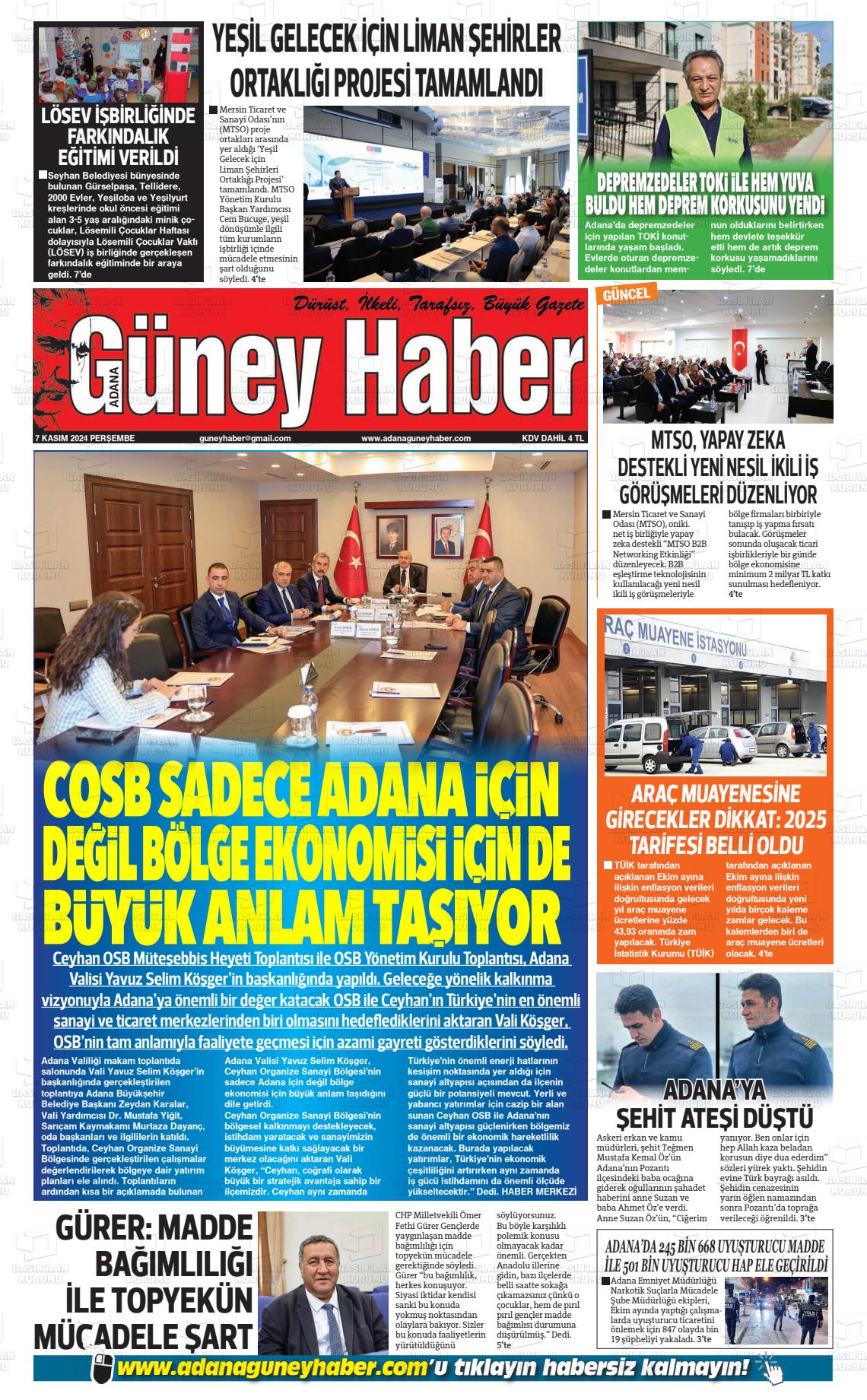 07 Kasım 2024 Adana Güney Haber Gazete Manşeti