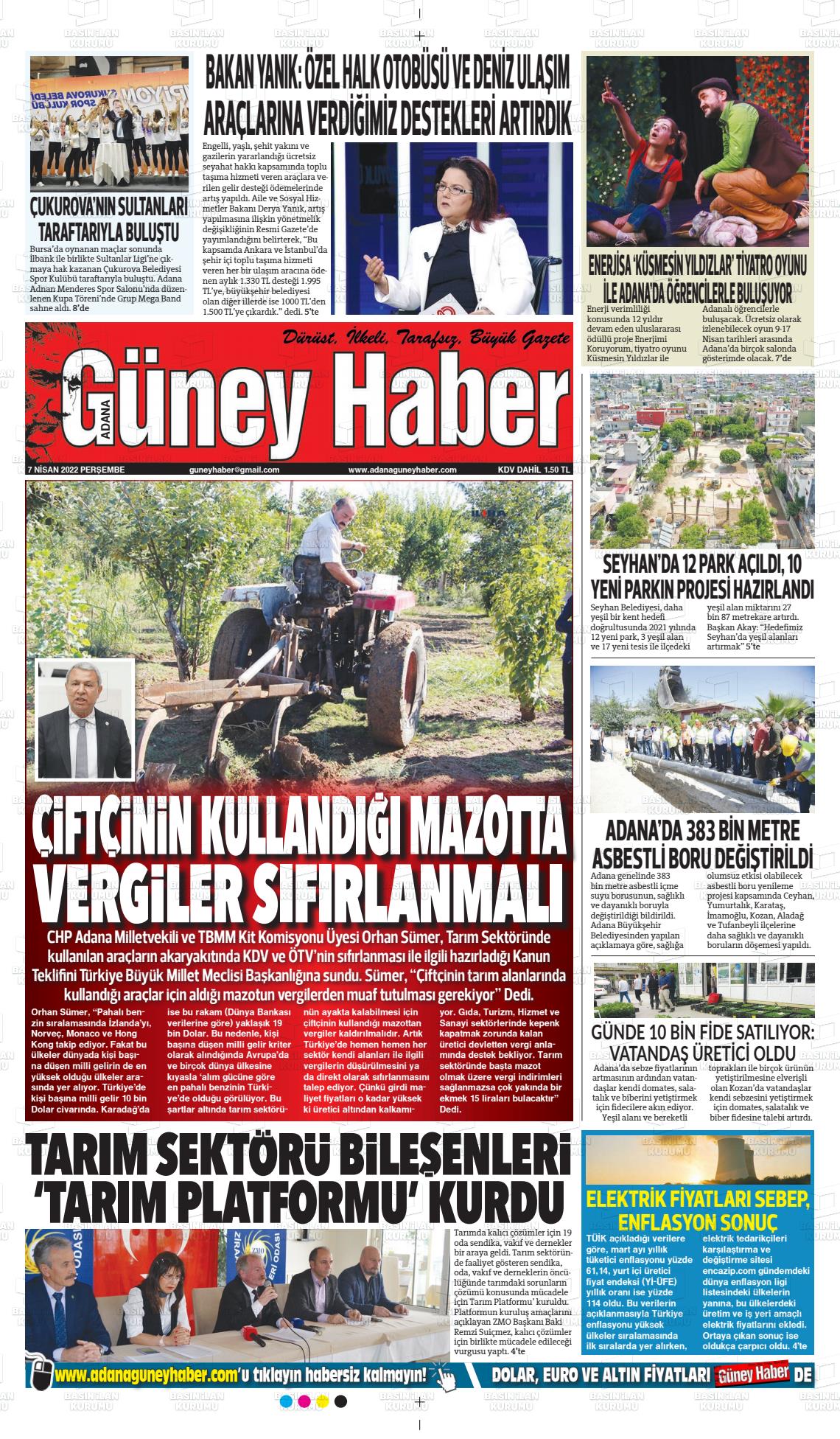 07 Nisan 2022 Adana Güney Haber Gazete Manşeti