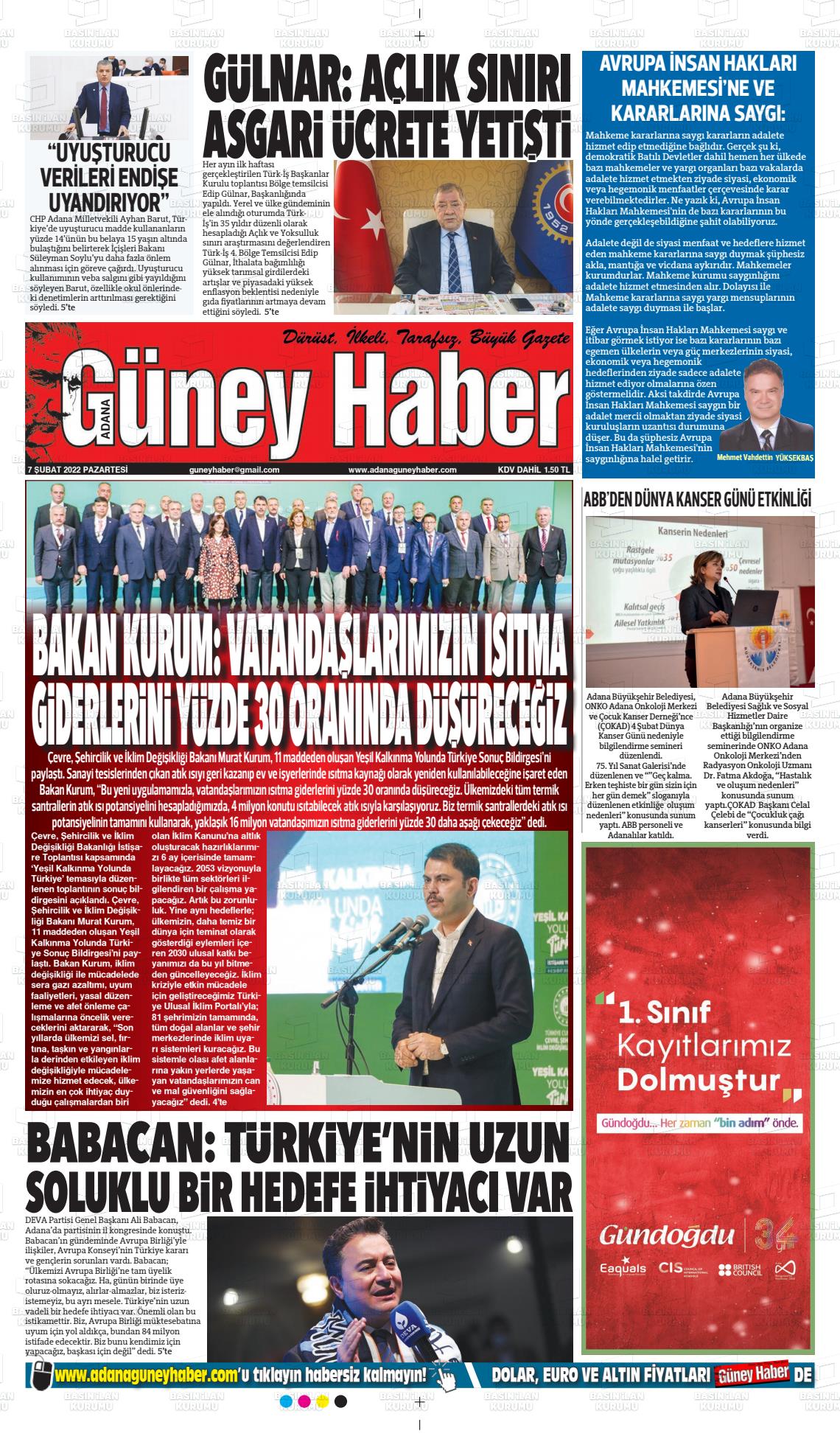 07 Şubat 2022 Adana Güney Haber Gazete Manşeti