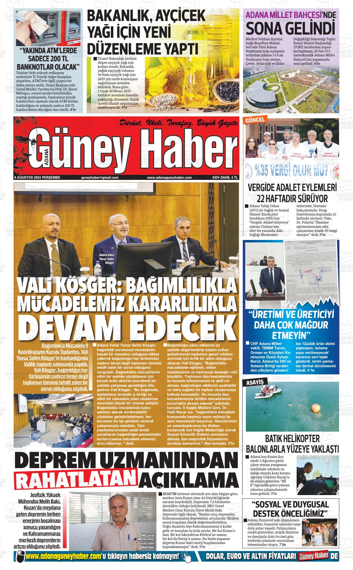 08 Ağustos 2024 Adana Güney Haber Gazete Manşeti