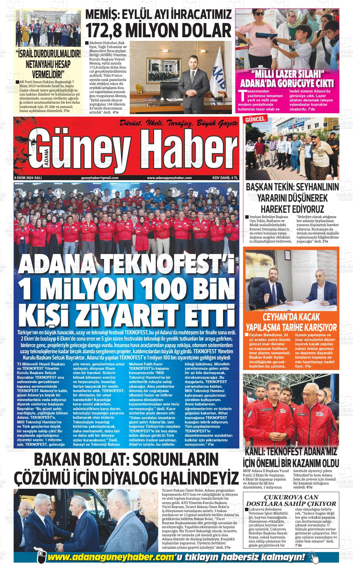 08 Ekim 2024 Adana Güney Haber Gazete Manşeti