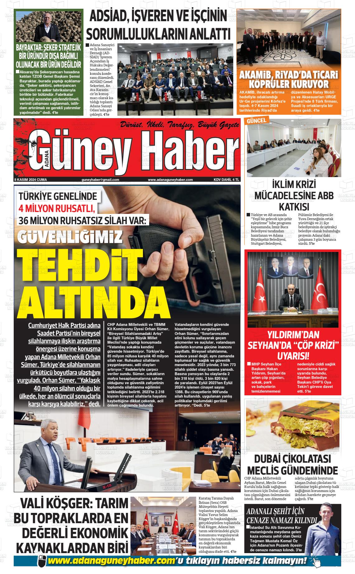 08 Kasım 2024 Adana Güney Haber Gazete Manşeti