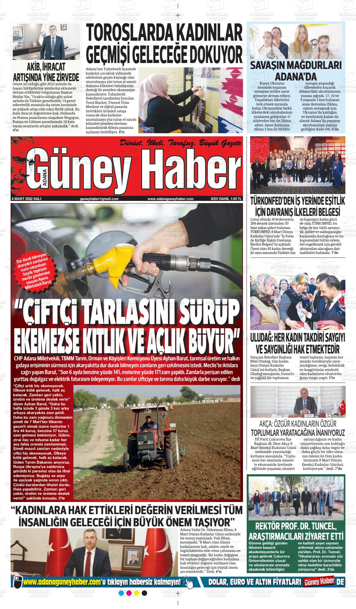 08 Mart 2022 Adana Güney Haber Gazete Manşeti